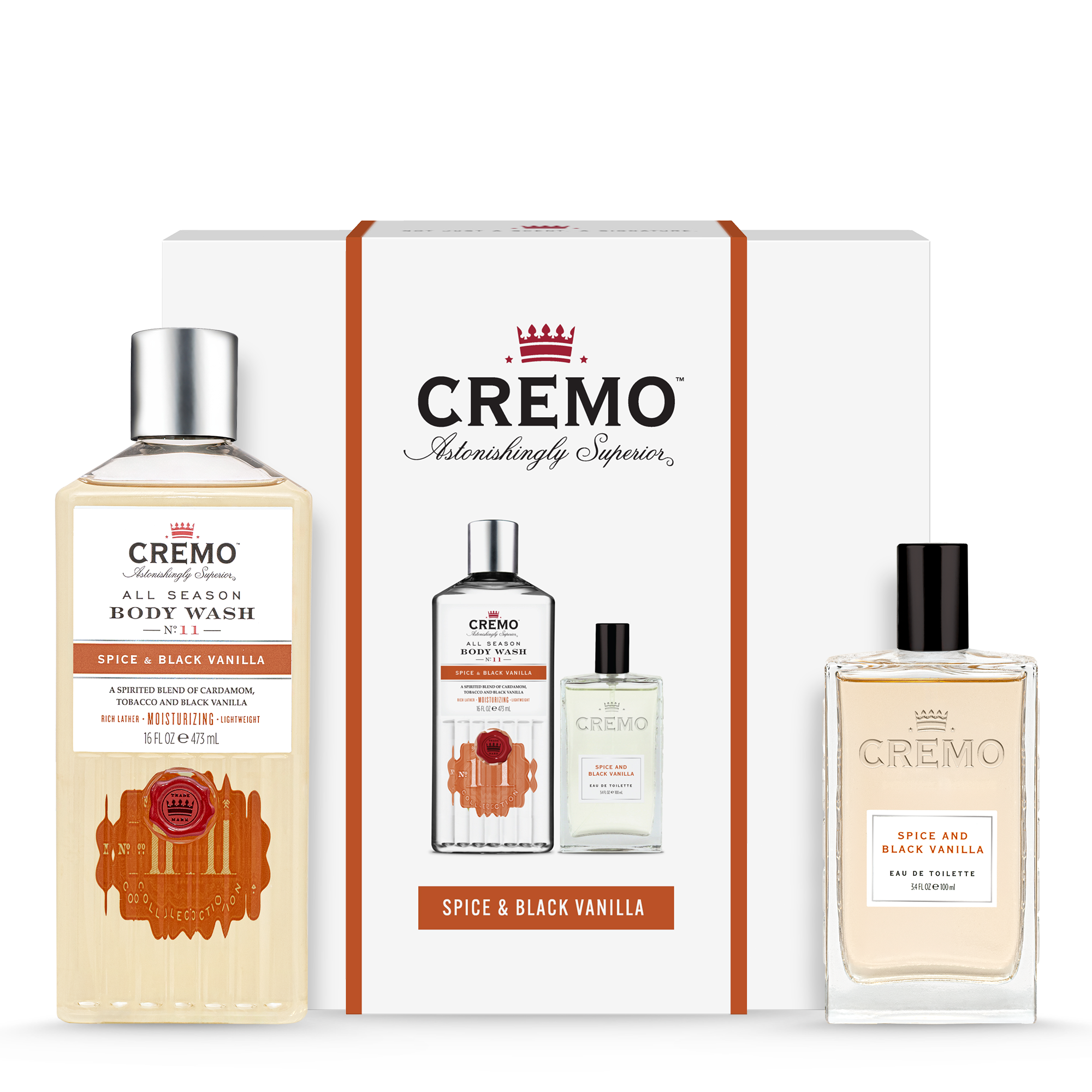 Front view of Cremo Spice & Black Vanilla Eau De Toilette and Body Wash Gift Set.