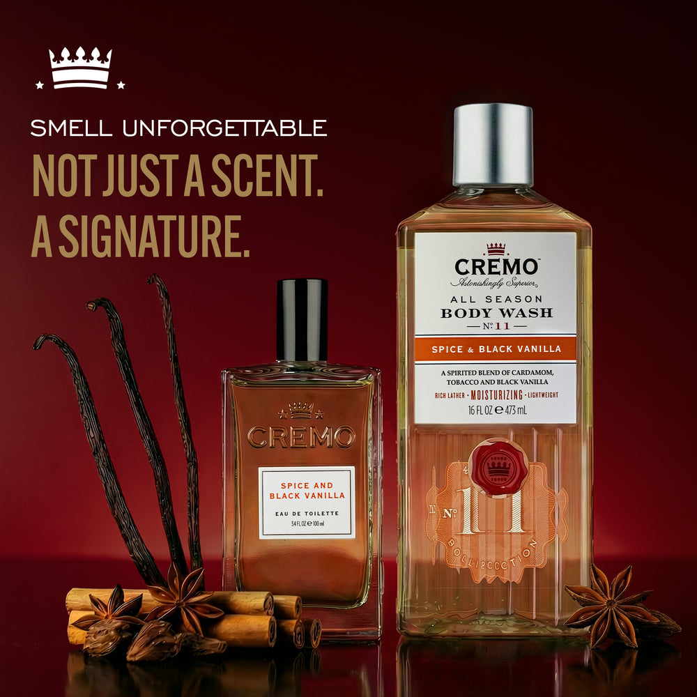 Cremo Spice & Black Vanilla Eau De Toilette and Body Wash Gift Set with text reading, “Smell unforgettable. Not just a scent. A signature.”