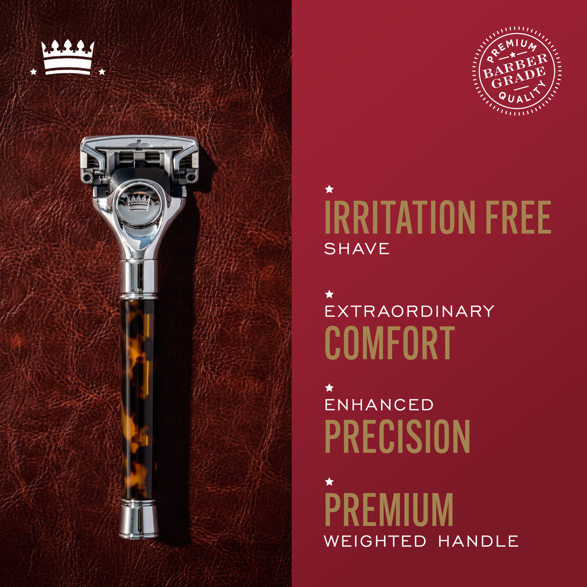 Image of Cremo Tortoiseshell Razor, with text highlighting: irritation free shave, extraordinary comfort, enhanced precision, and premium weighted handle.