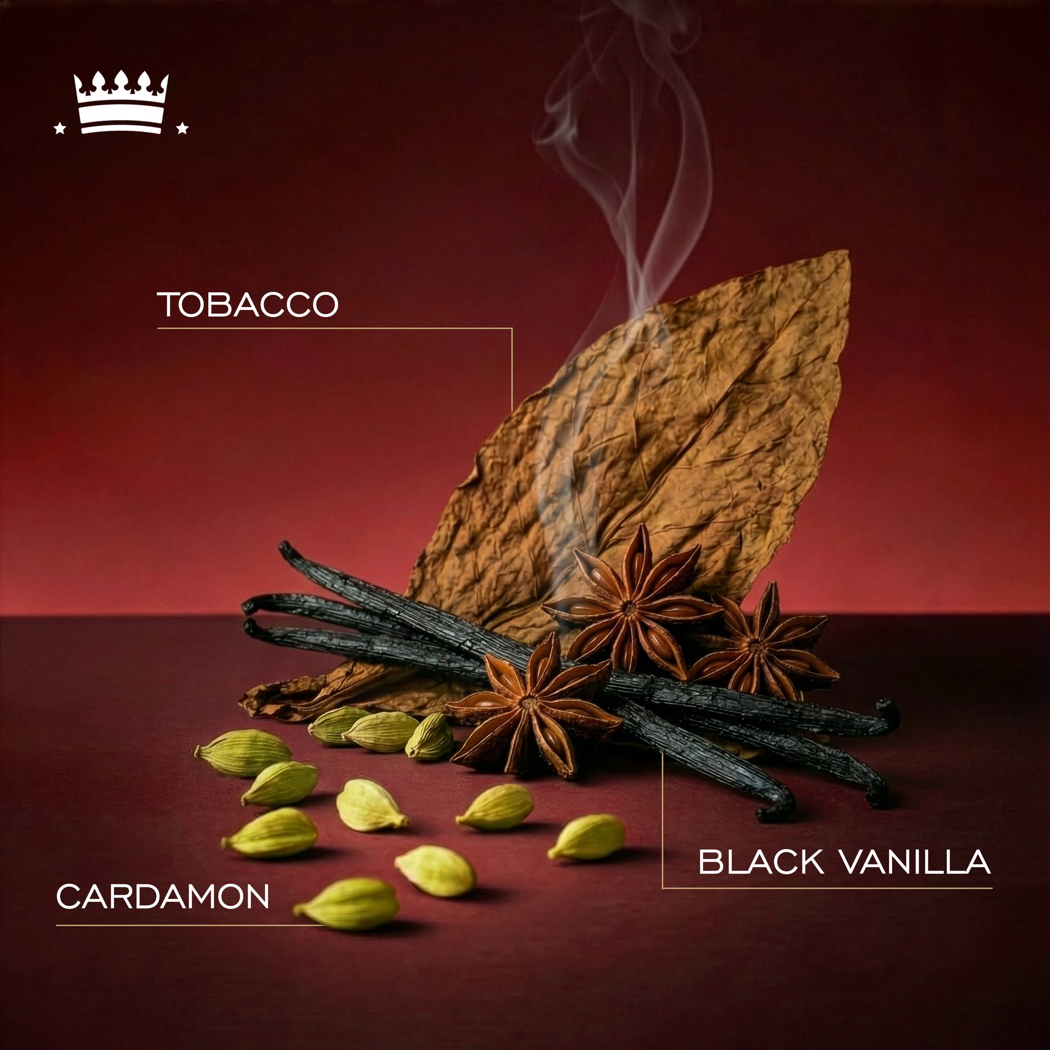 Text highlighting tobacco, bright cardamon, and black vanilla fragrance notes.