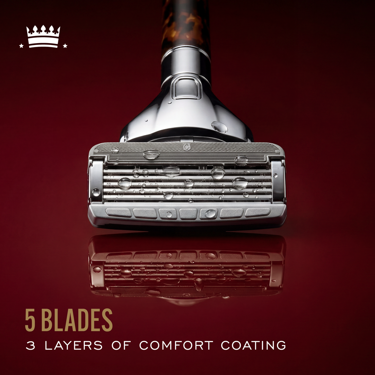 Close up image of Cremo Barber Grade Razor Refills, with text reading, "5 blades, 3 layers of comfort coating".