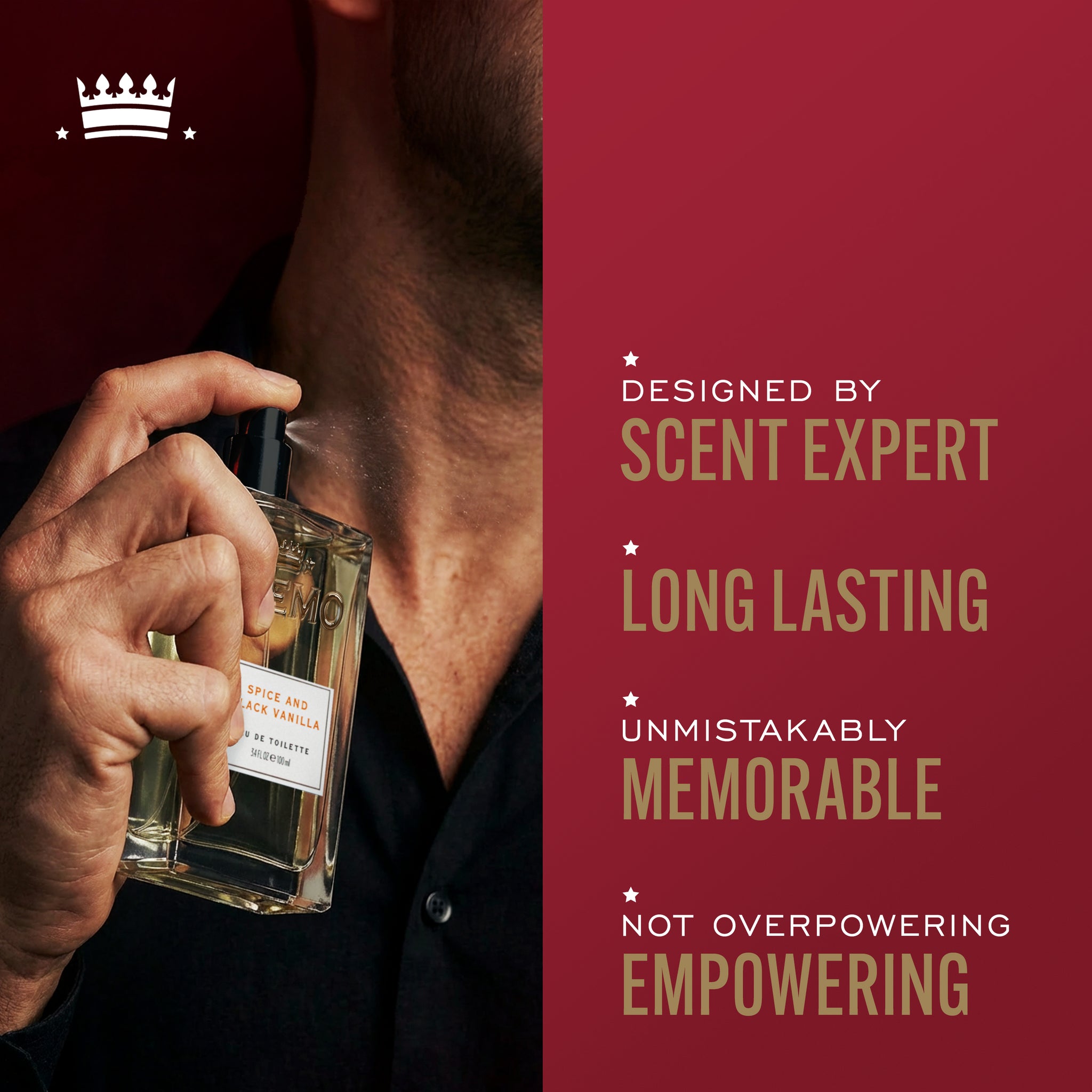 Model spraying Cremo Spice & Black Vanilla Eau De Toilette to their neck, with text highlighting designed by scent expert, long lasting, unmistakably memorable, not overpowering empowering.