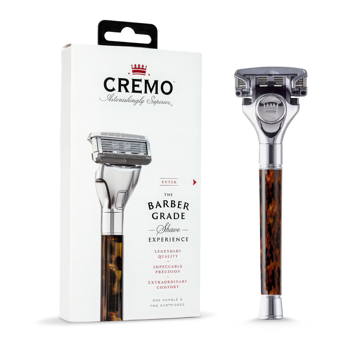 Front view of Cremo Tortoiseshell Razor & the packaging.