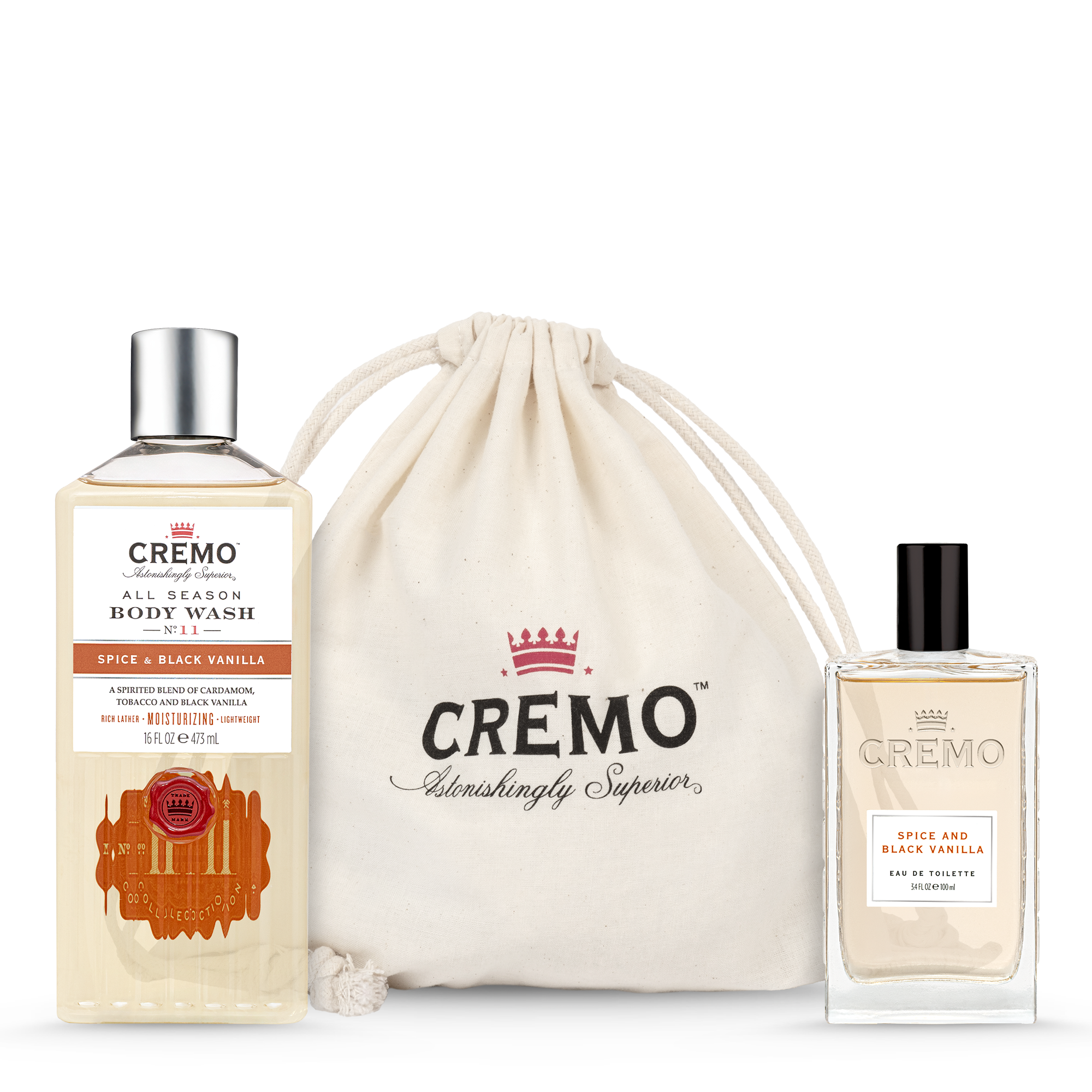 Cremo Spice & Black Vanilla Eau De Toilette and Body Wash Gift Set, with the gift set dust bag displayed behind it.
