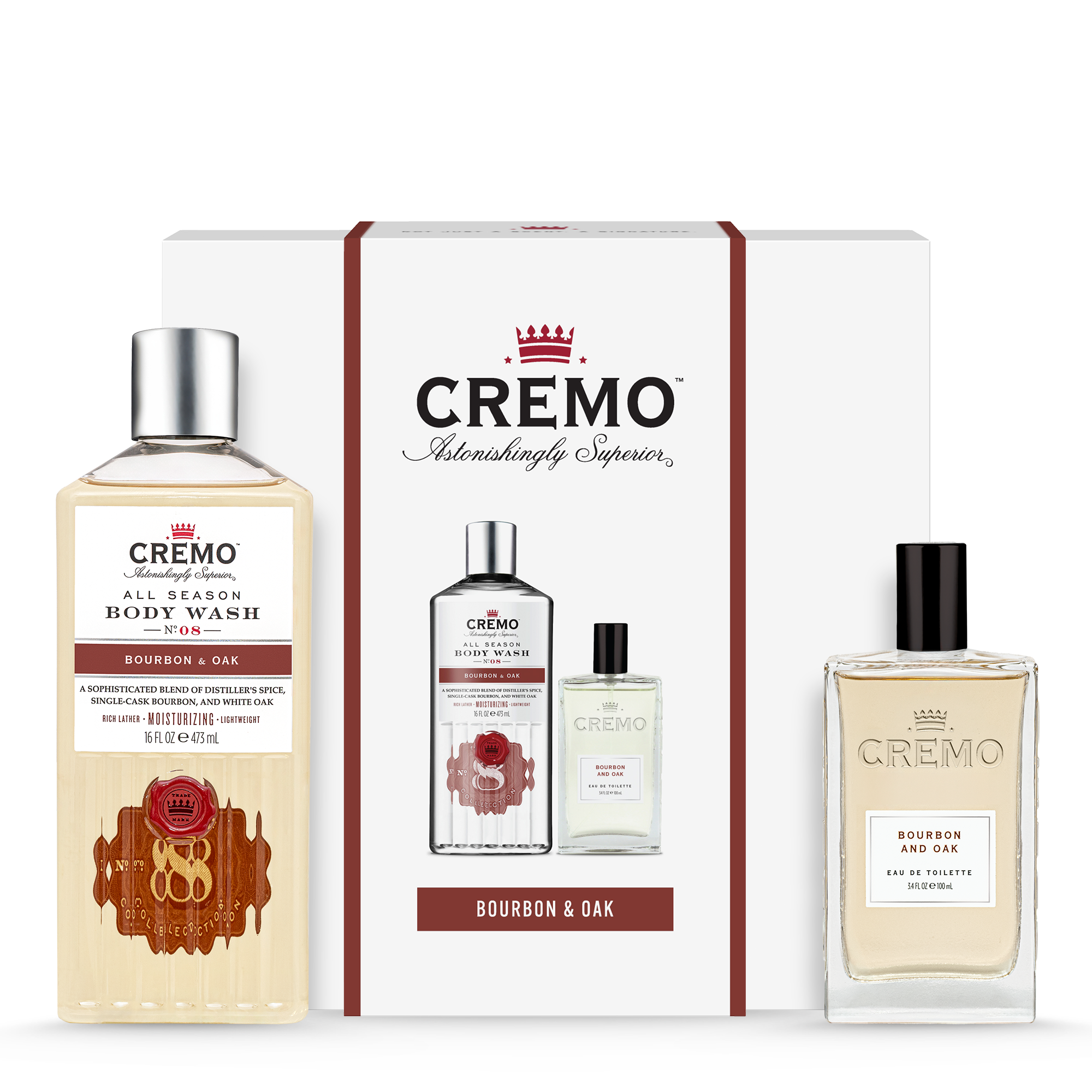 Front view of Cremo Bourbon & Oak Eau De Toilette and Body Wash Gift Set.