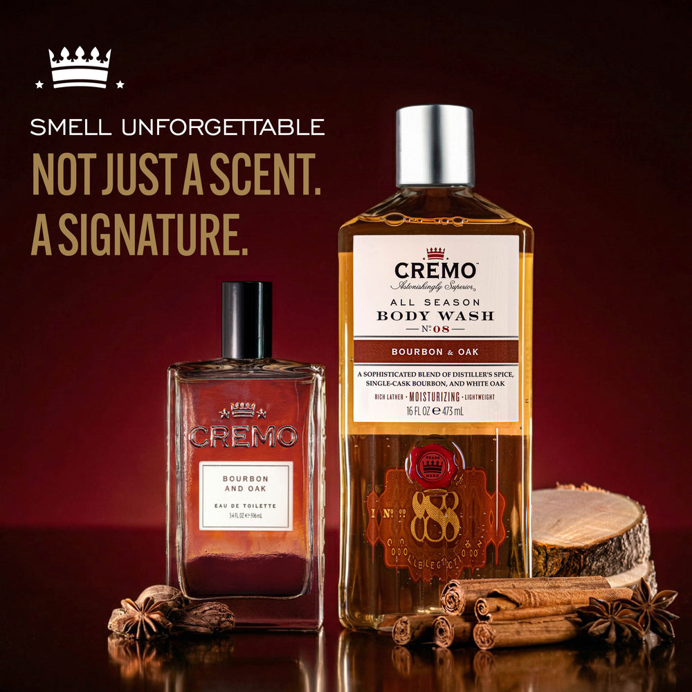 Cremo Bourbon & Oak Eau De Toilette and Body Wash Gift Set with text reading, “Smell unforgettable. Not just a scent. A signature.”