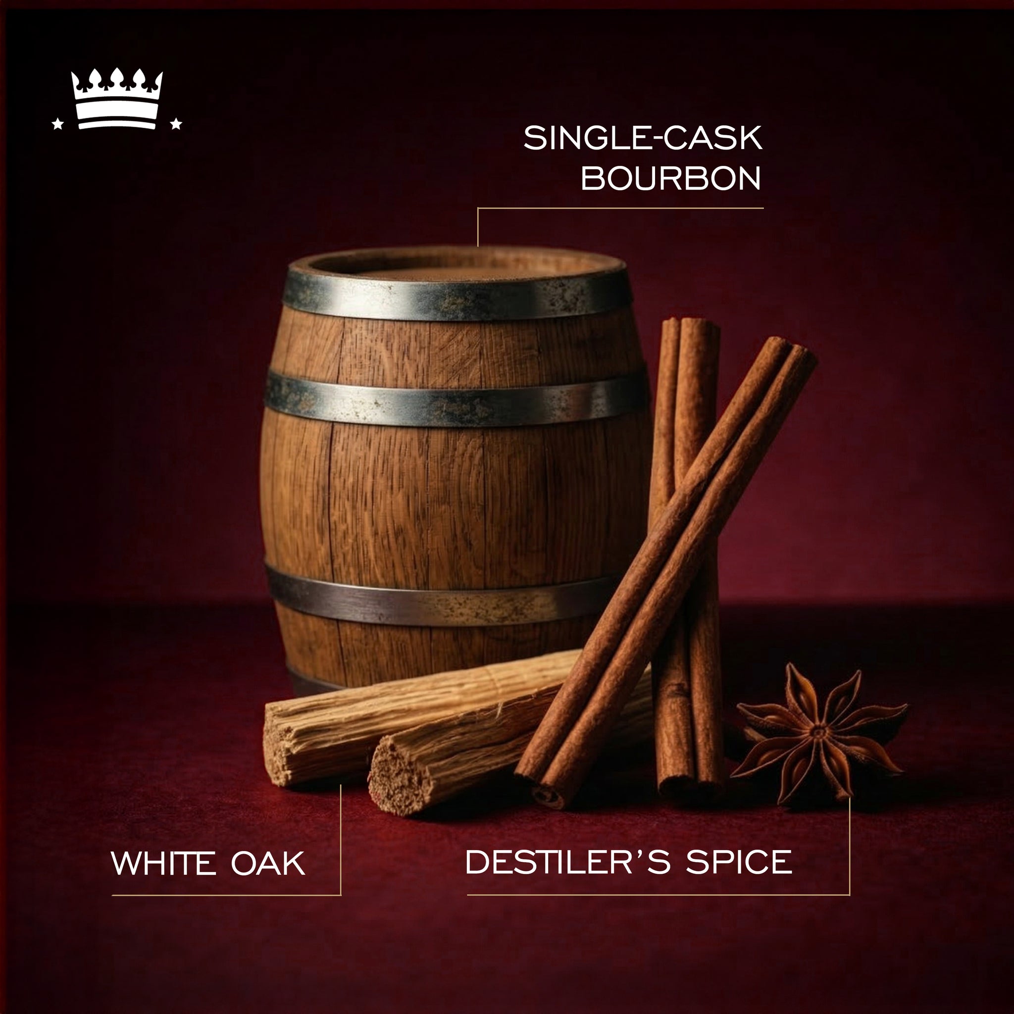 Text highlighting distiller's spices, single-cask bourbon, and white oak fragrance notes.