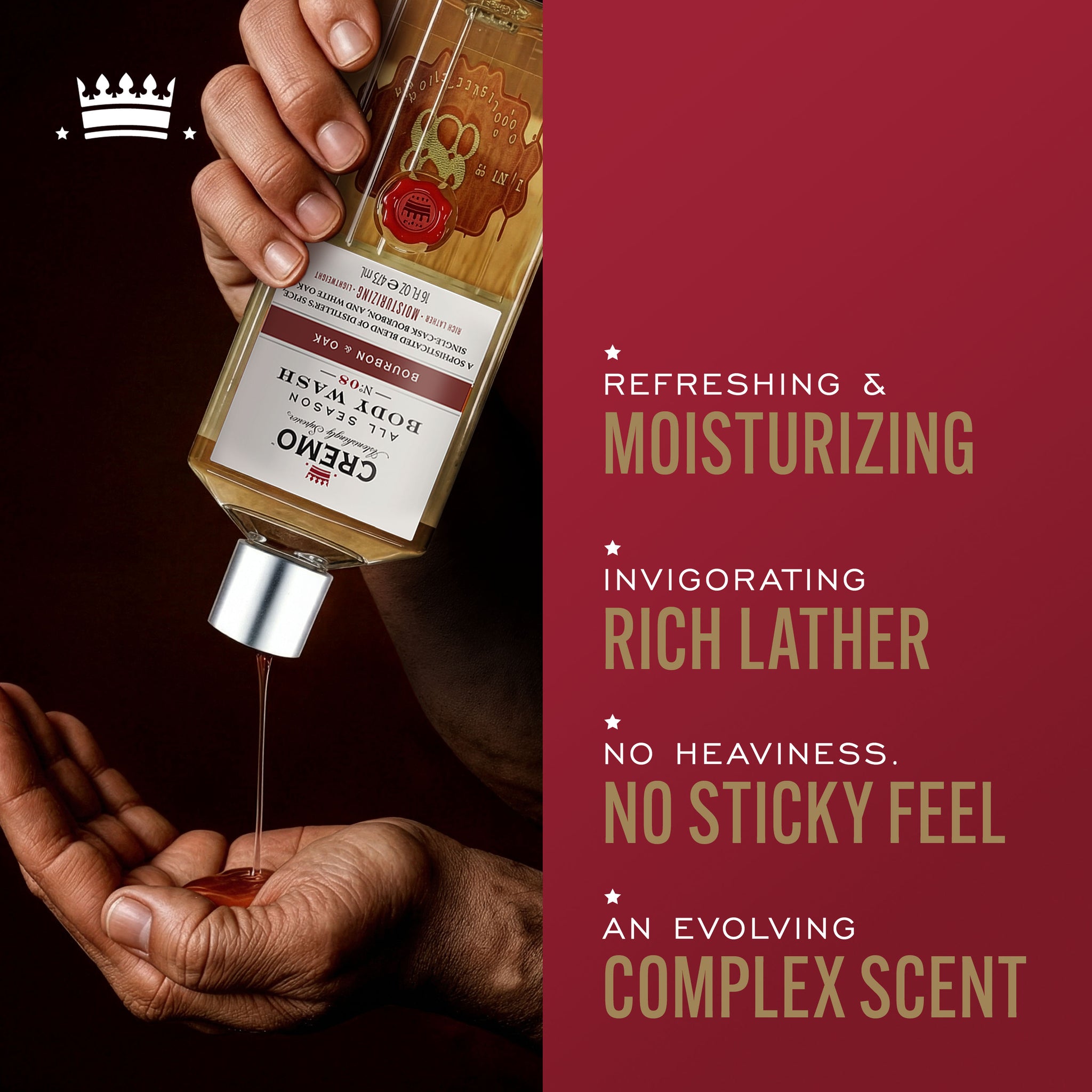 Model pouring Cremo Bourbon & Oak Body Wash into their hand, with text highlighting refreshing & moisturizing, invigorating rich lather, no heaviness or sticky feel, and an evolving complex scent.