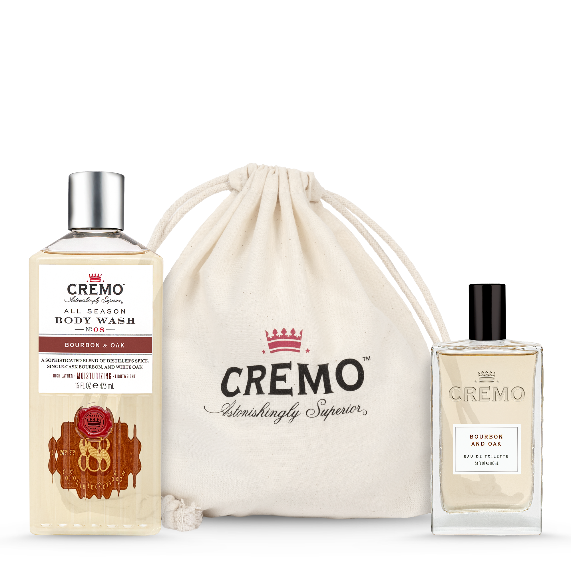 Cremo Bourbon & Oak Eau de Toilette and Body Wash Gift Set,  with the gift set dust bag displayed behind it.