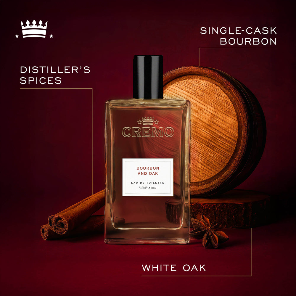 Front view of Cremo Bourbon & Oak Eau De Toilette, with text highlighting distiller's spices, single-cask bourbon, and white oak fragrance notes.