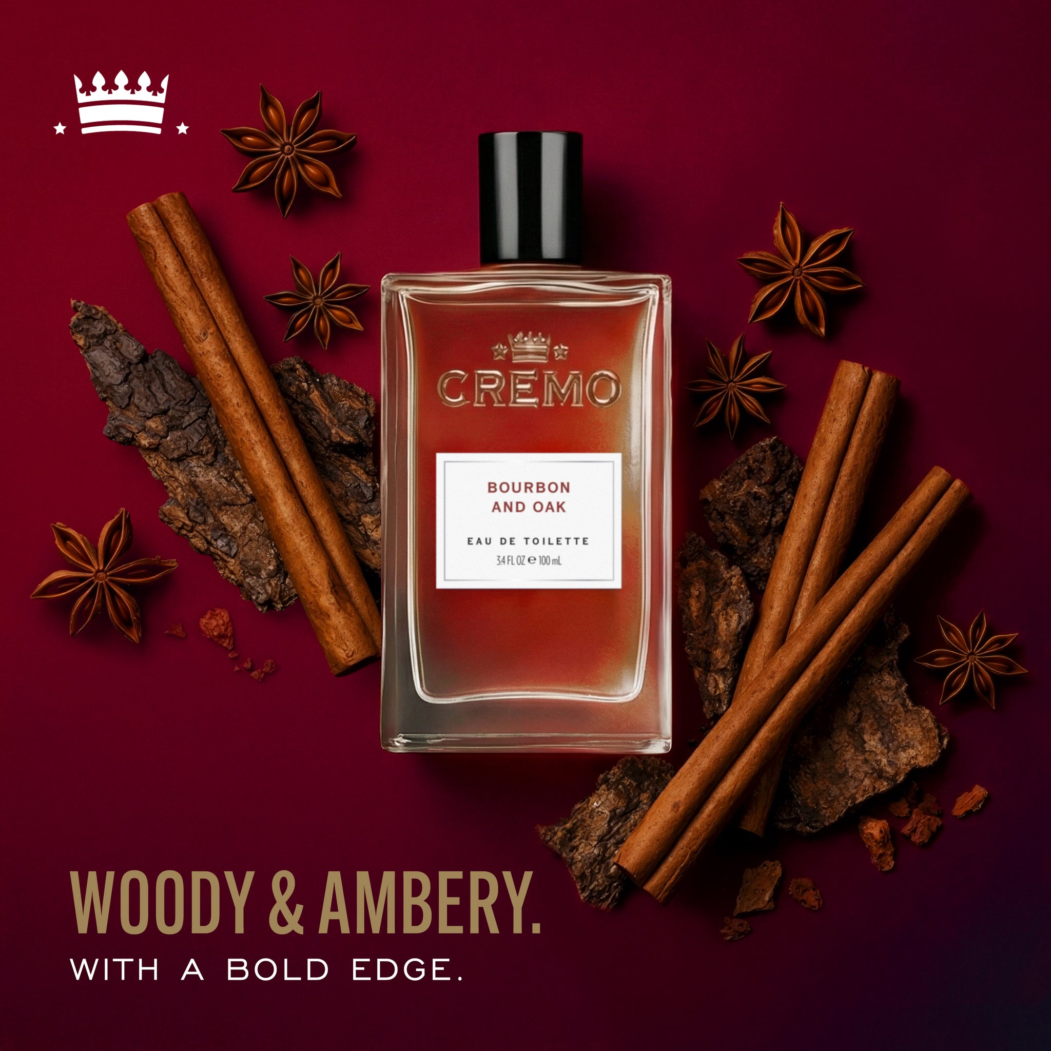 Cremo Bourbon & Oak Eau De Toilette with text reading, “Woody & Ambery. With a bold edge.”