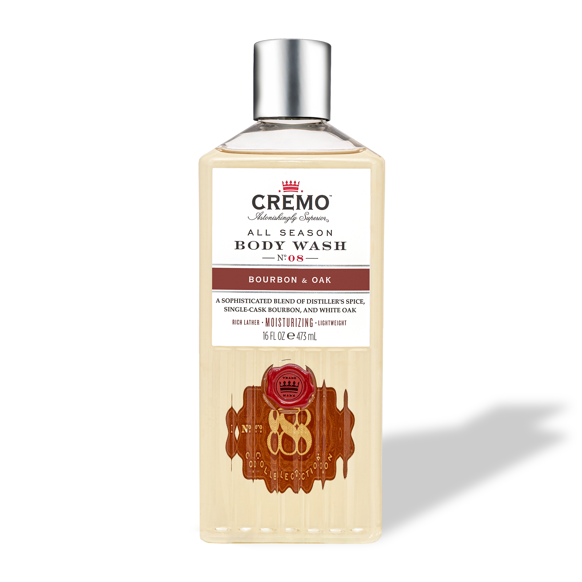 Front view of Cremo Bourbon & Oak Body Wash, 473 mL bottle.