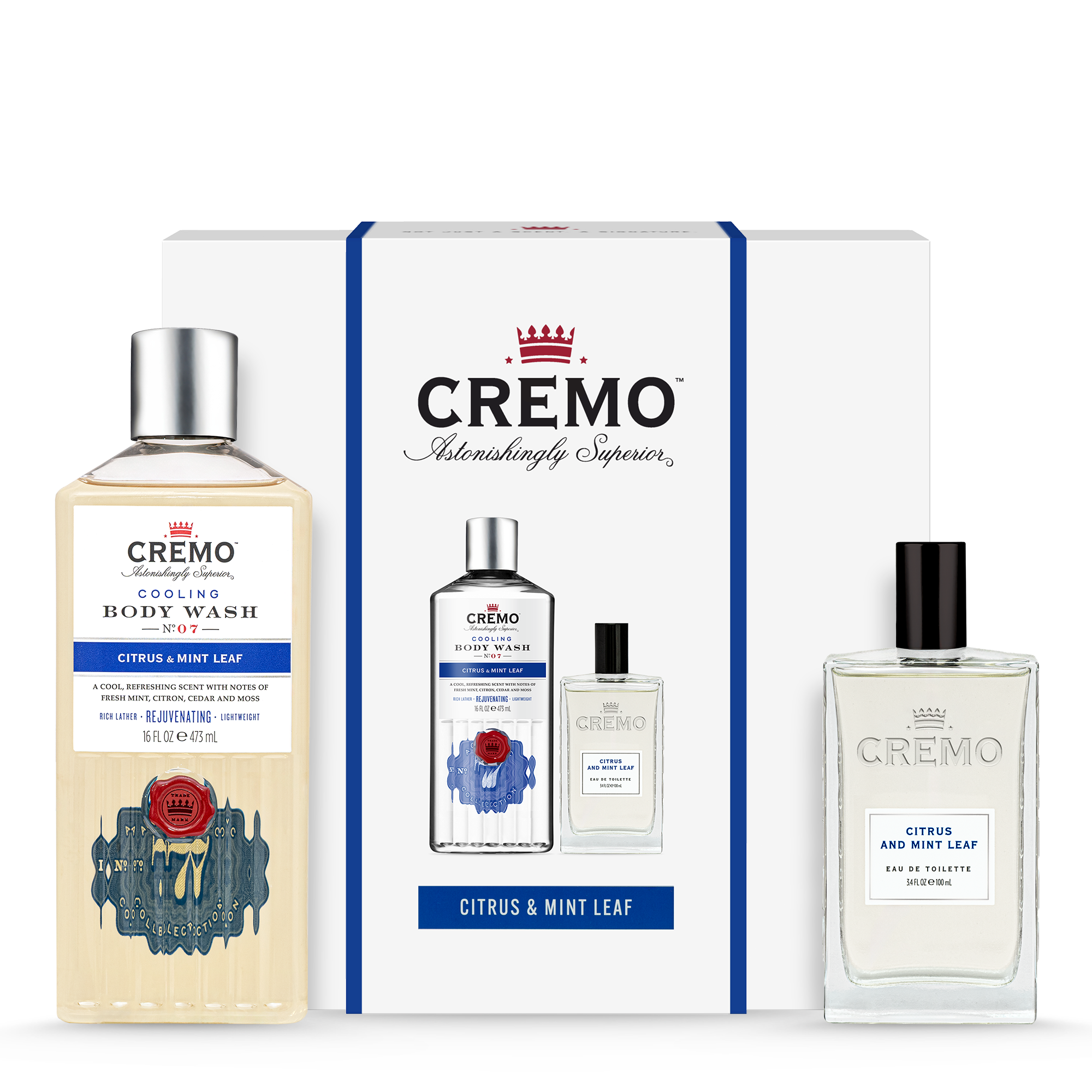 Front view of Cremo Citrus & Mint Leaf Eau De Toilette and Body Wash Gift Set.