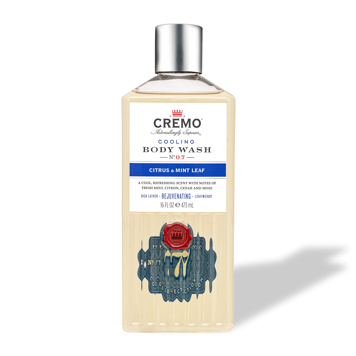 Front view of Cremo Cooling Citrus & Mint Leaf Body Wash, 473 mL bottle.