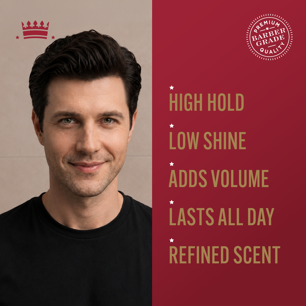 Model image on the left, with text highlighting high hold, low shine, adds volume, lasts all day, and refined scent.