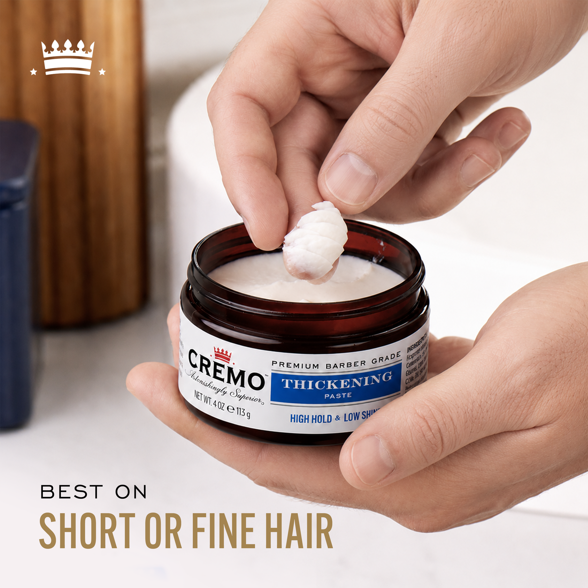 Cremo Thickening Paste, with text reading, "Best on short or fine hair".