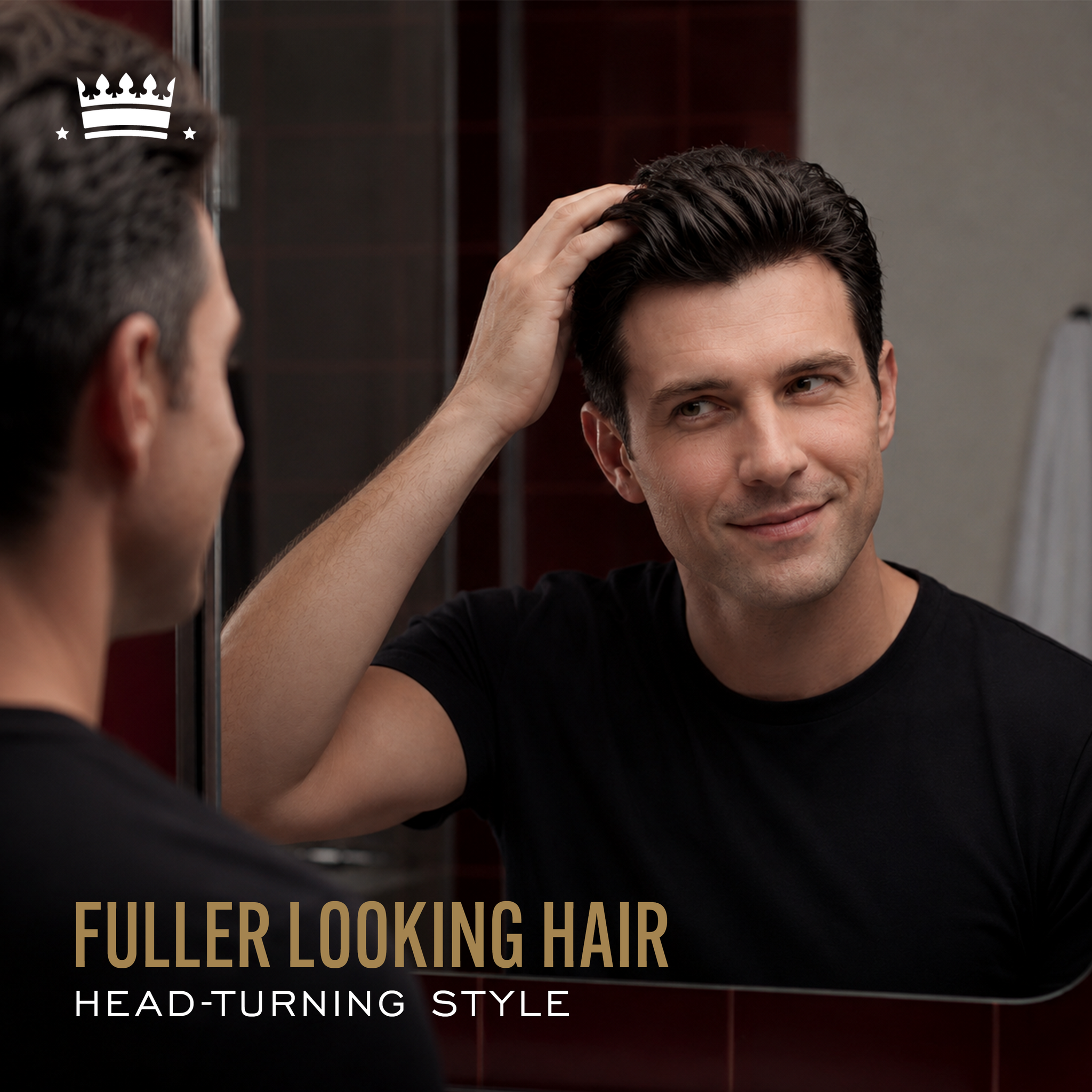 Model image, with text reading, "Fuller looking hair, head-turning style".