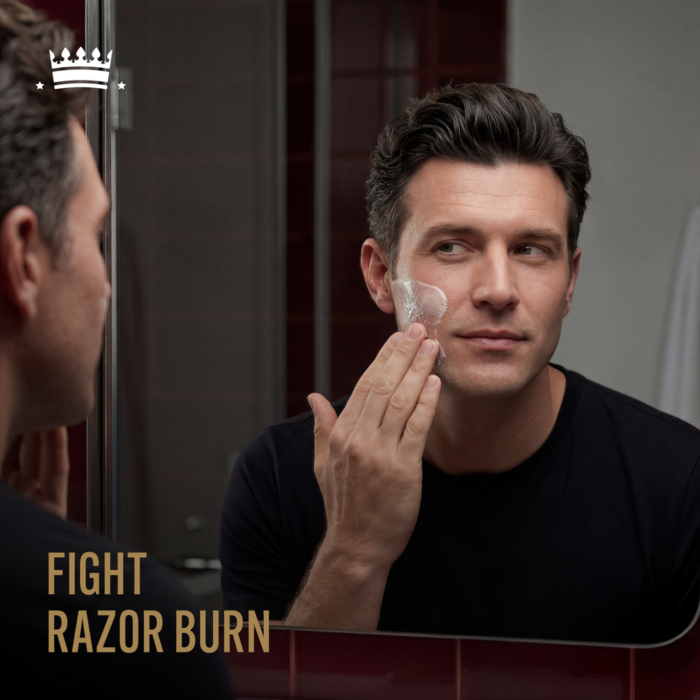 Model image shaving with text reading, "Fight razor burn".