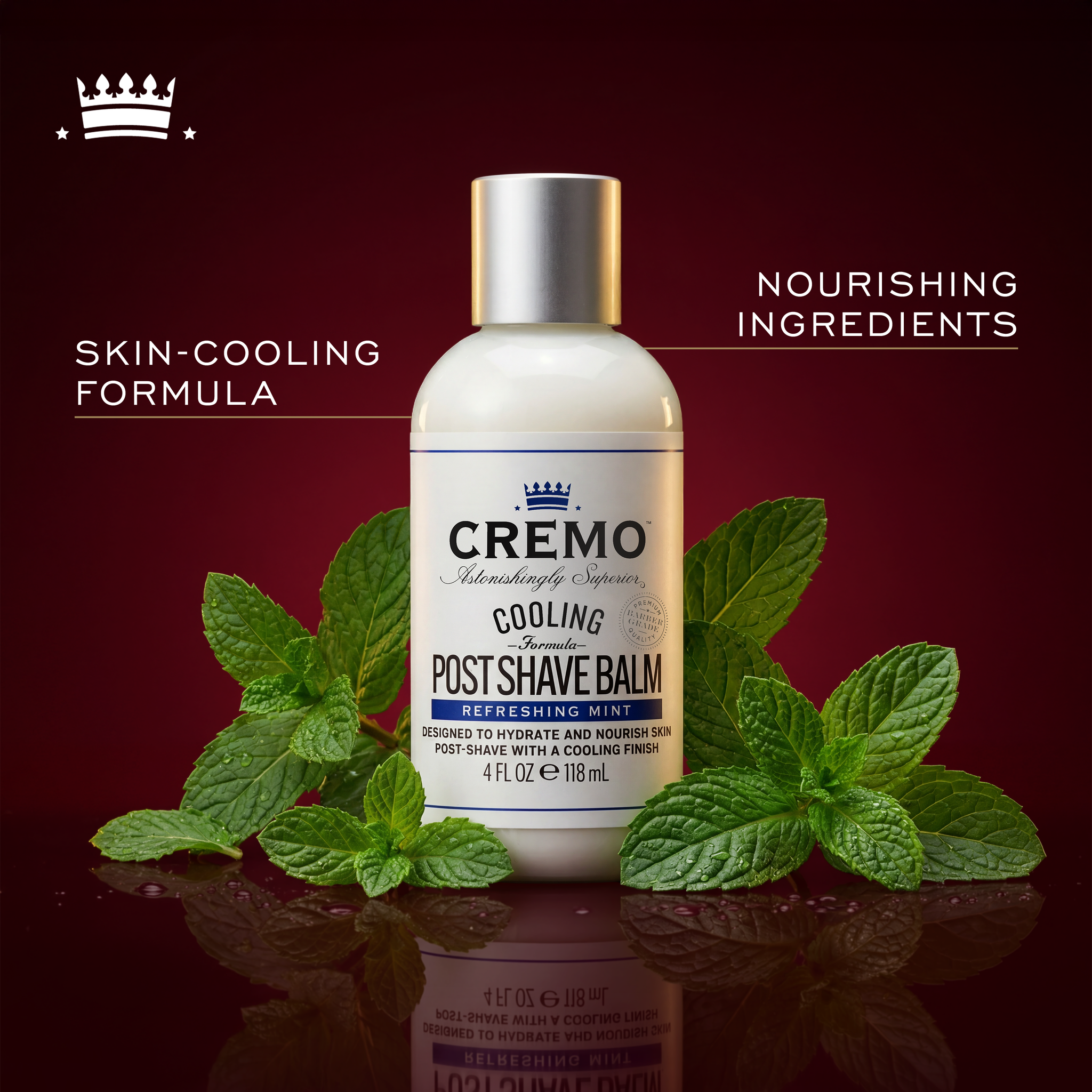 Image of Cremo Cooling Post Shave Balm, with text highlighting: "Skin-cooling formula." and "Nourishing ingredients."