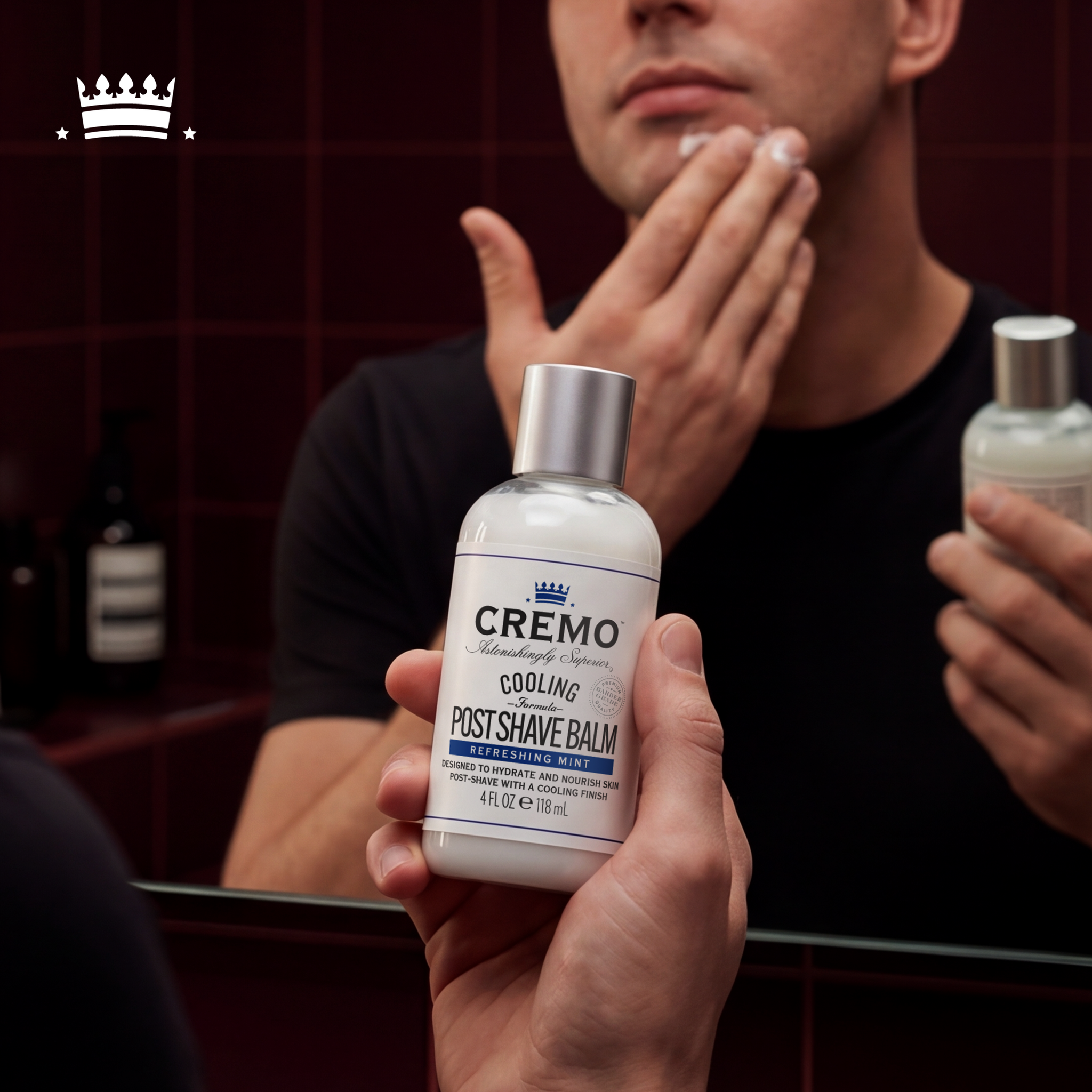 Model image and front view of Cremo Cooling Post Shave Balm.