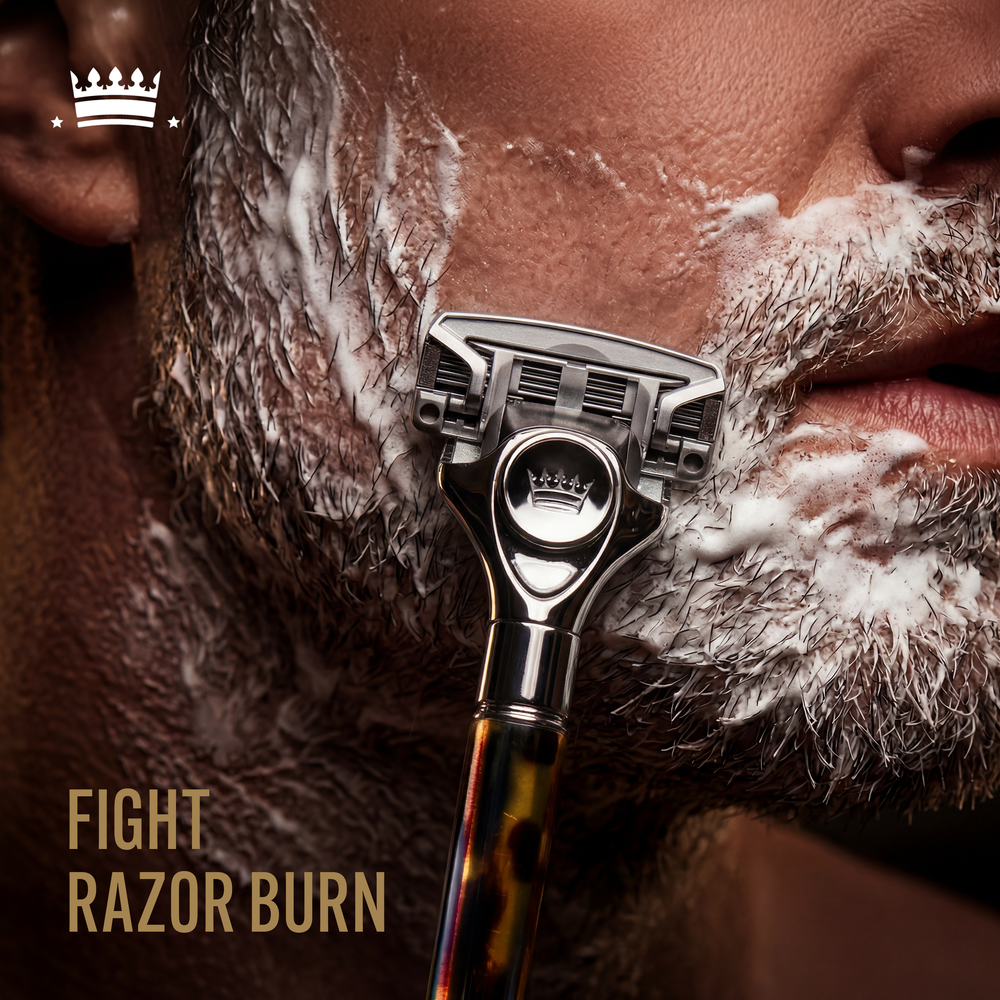 Model image shaving with text reading, "Fight razor burn".