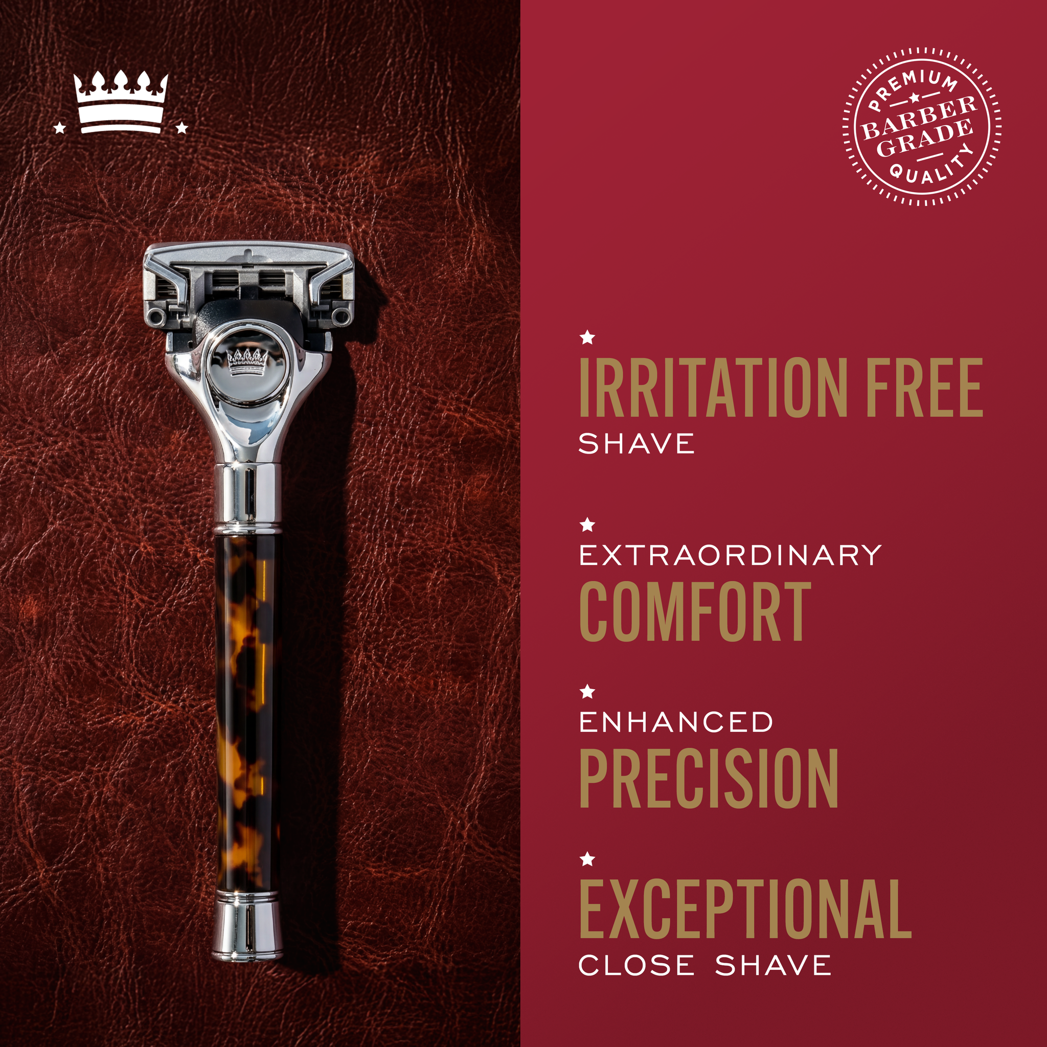 Image of Cremo Tortoiseshell Razor on the left, with text highlighting: irritation free shave, extraordinary comfort, enhanced precision, and exceptional close shave.