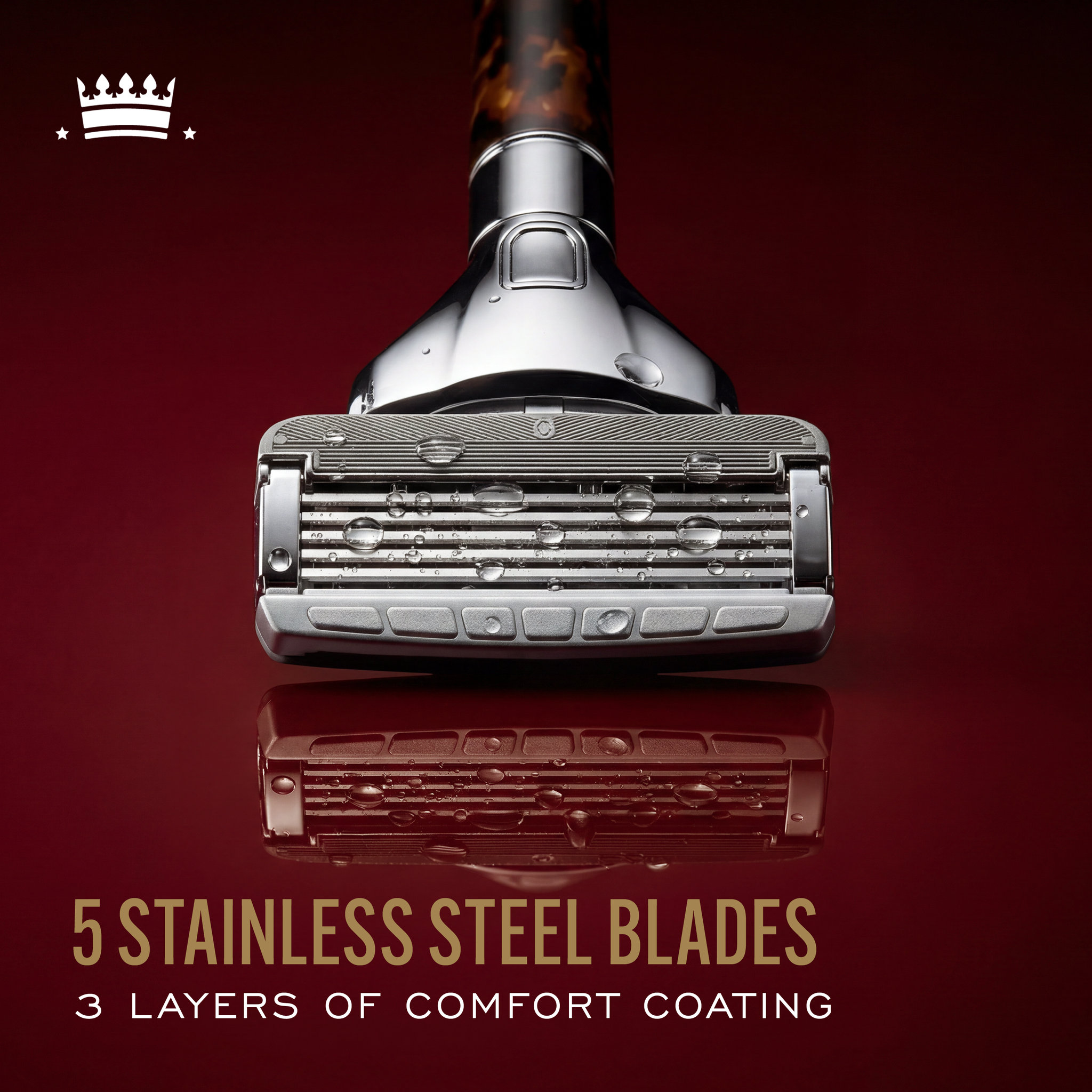 Close up image of Cremo Barber Grade Razor Refills, with text reading, "5 stainless steel blades, 3 layers of comfort coating".
