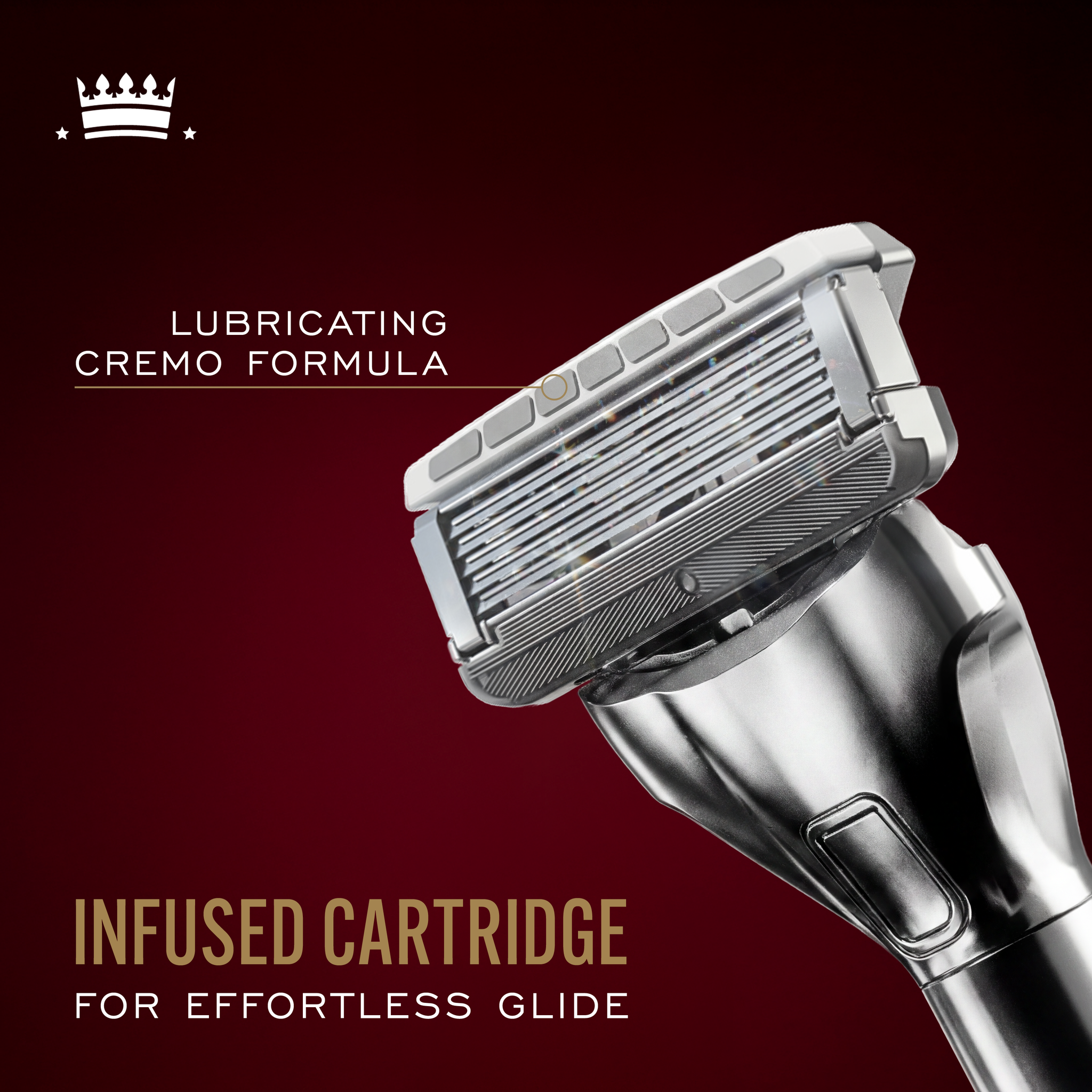 Close up image of Cremo Barber Grade Razor Refills, with text highlighting, "lubricating Cremo formula" and "Infused cartridge for effortless glide".