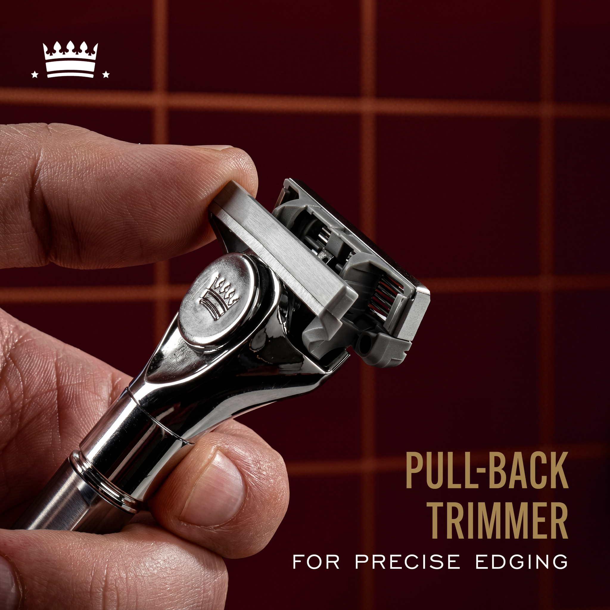 Close up image of Cremo Barber Grade Razor Refills, with text highlighting, "pull-back trimmer for precise edging".