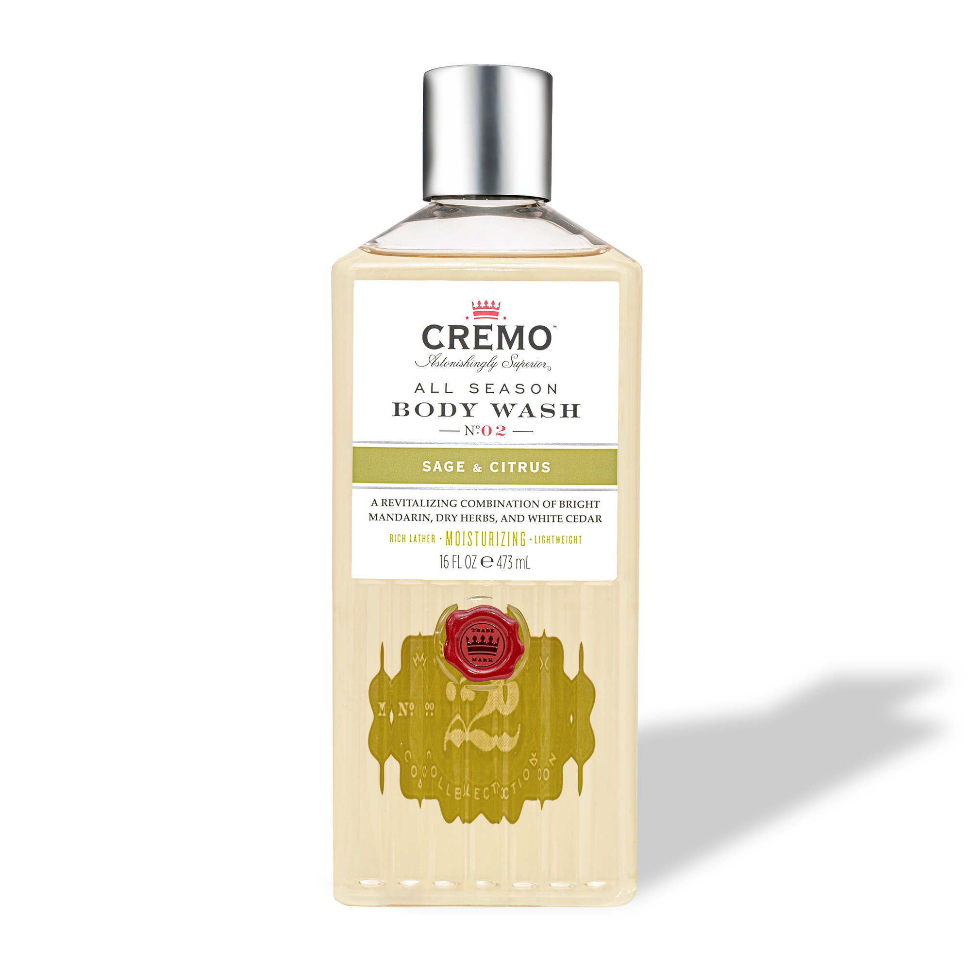 Front view of Cremo Sage & Citrus Body Wash, 473 mL bottle.