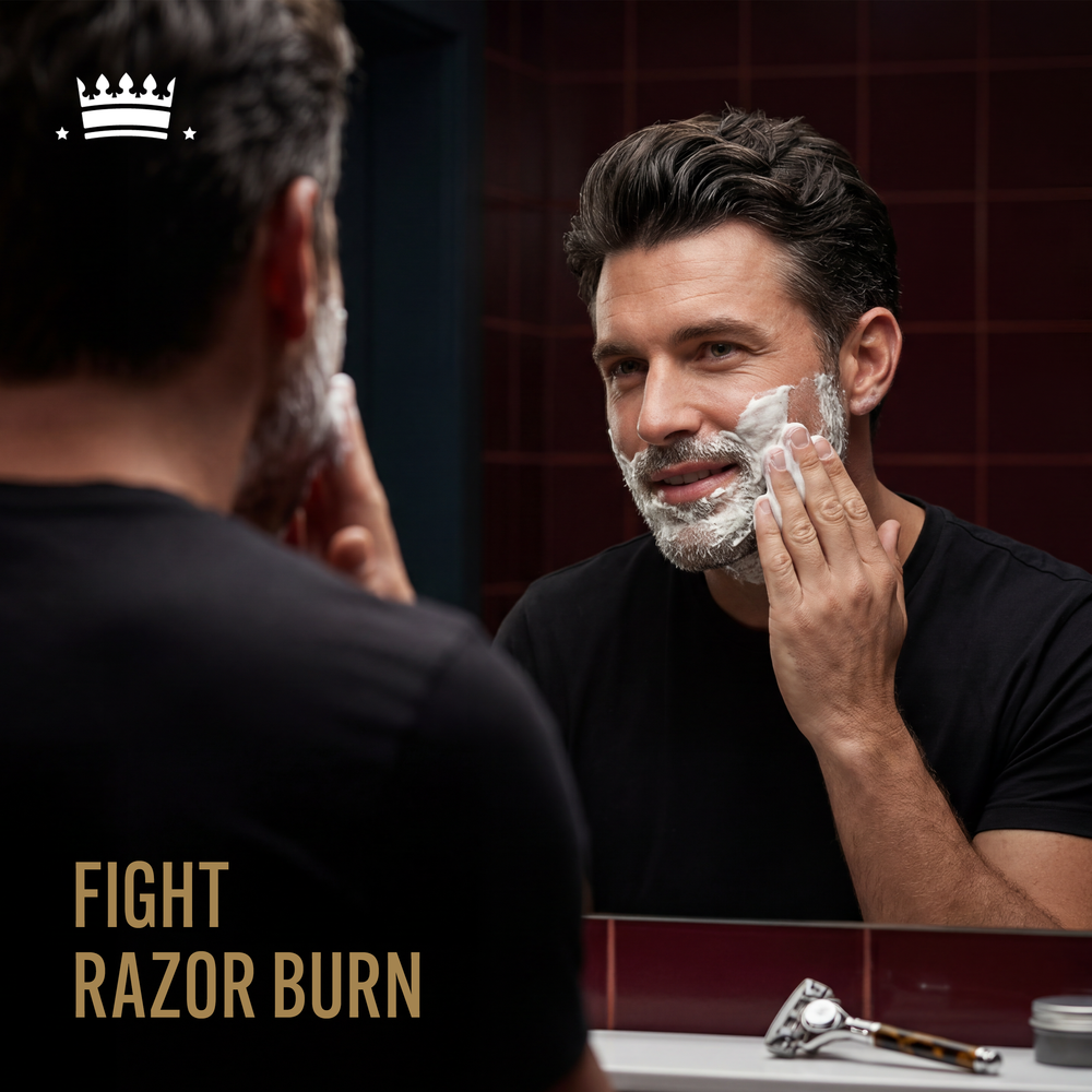 Model image shaving with text reading, "Fight razor burn".