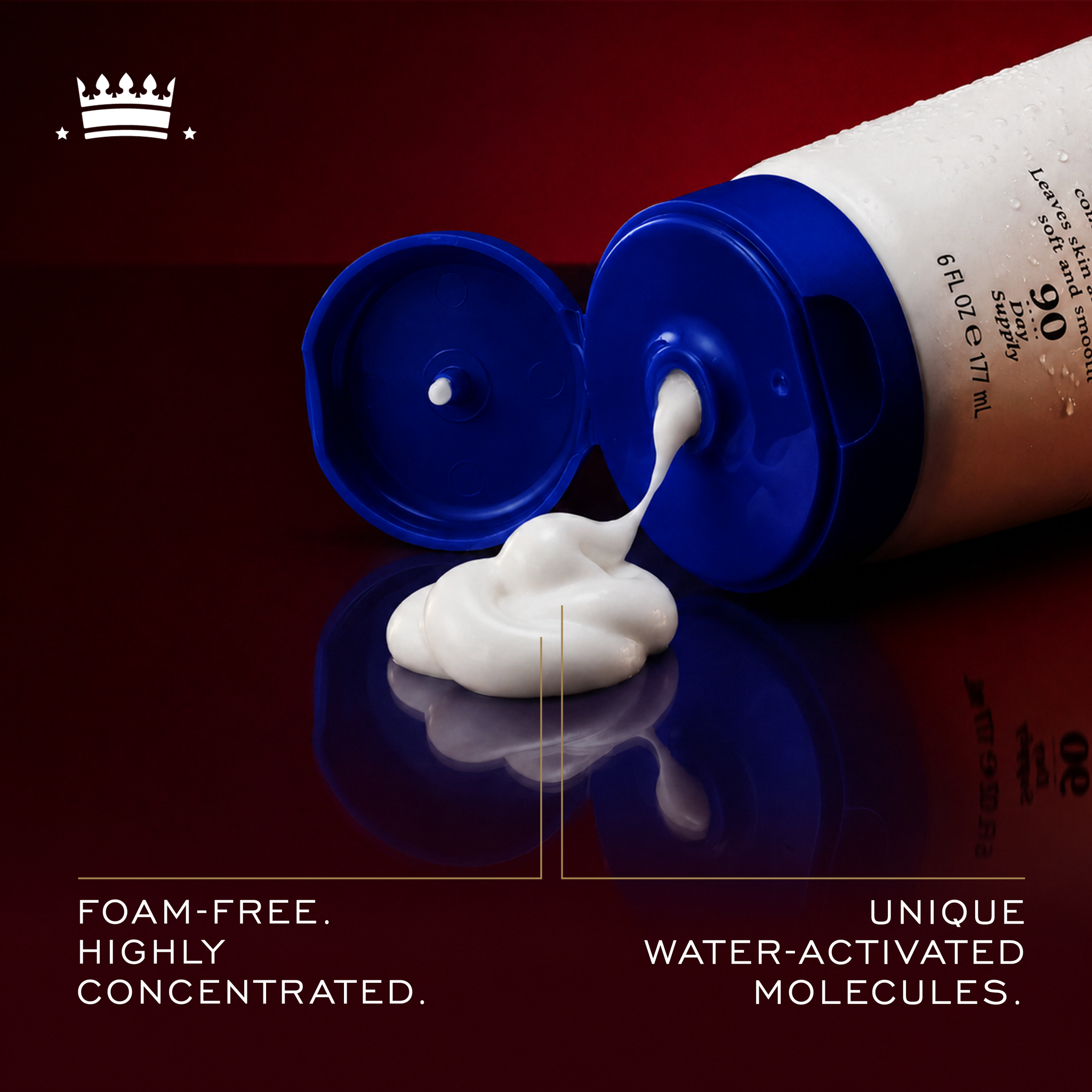 Image of Cremo Cooling Shave Cream, with text highlighting: "Foam-free. Highly concentrated." and "Unique water-activated molecules."