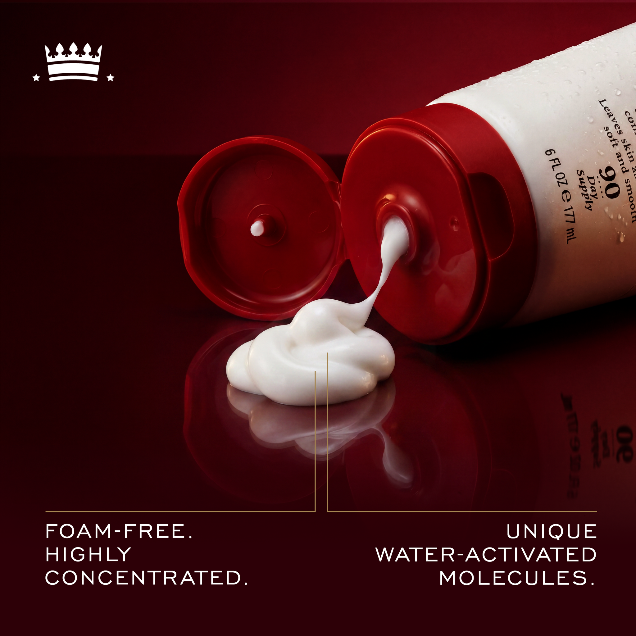 Image of Cremo Original Shave Cream, with text highlighting: "Foam-free. Highly concentrated." and "Unique water-activated molecules."
