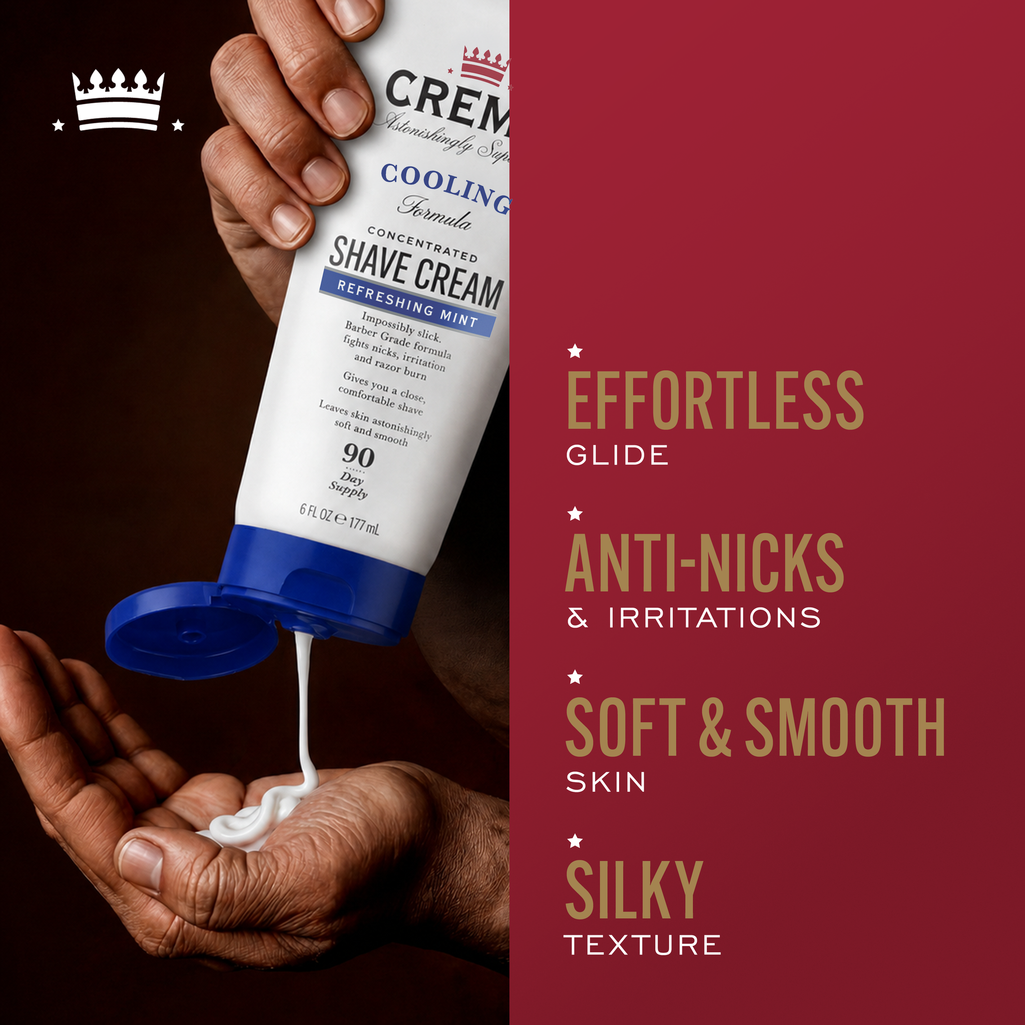 Image of Cremo Cooling Shave Cream, with text highlighting: effortless glide, anti-nicks & irritations, soft & smooth skin, and silky texture.