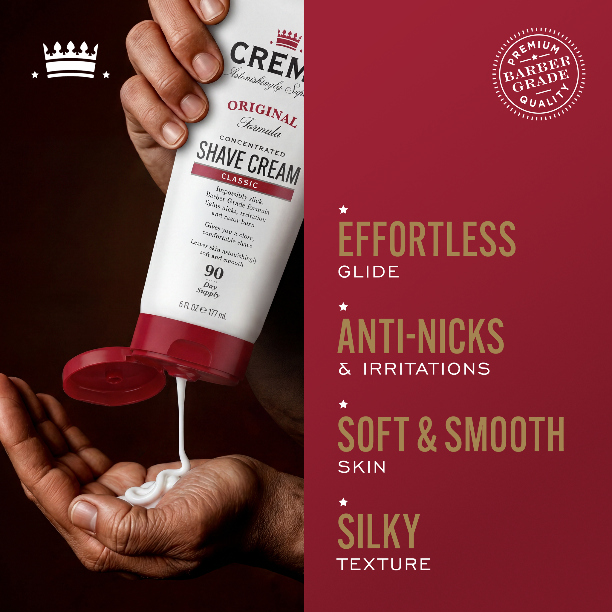 Image of Cremo Original Shave Cream, with text highlighting: effortless glide, anti-nicks & irritations, soft & smooth skin, and silky texture.