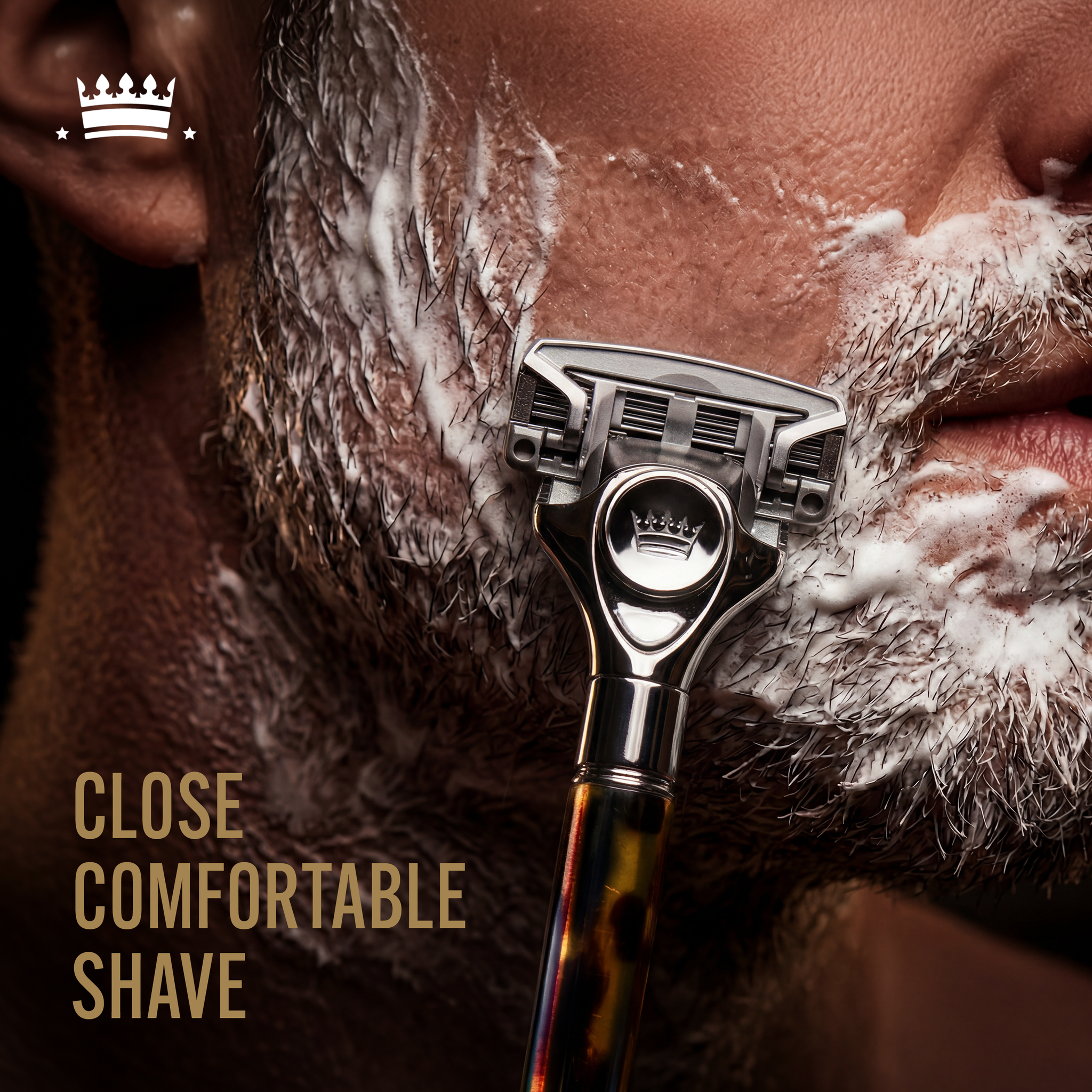 Model image shaving with text reading, "Close comfortable shave".