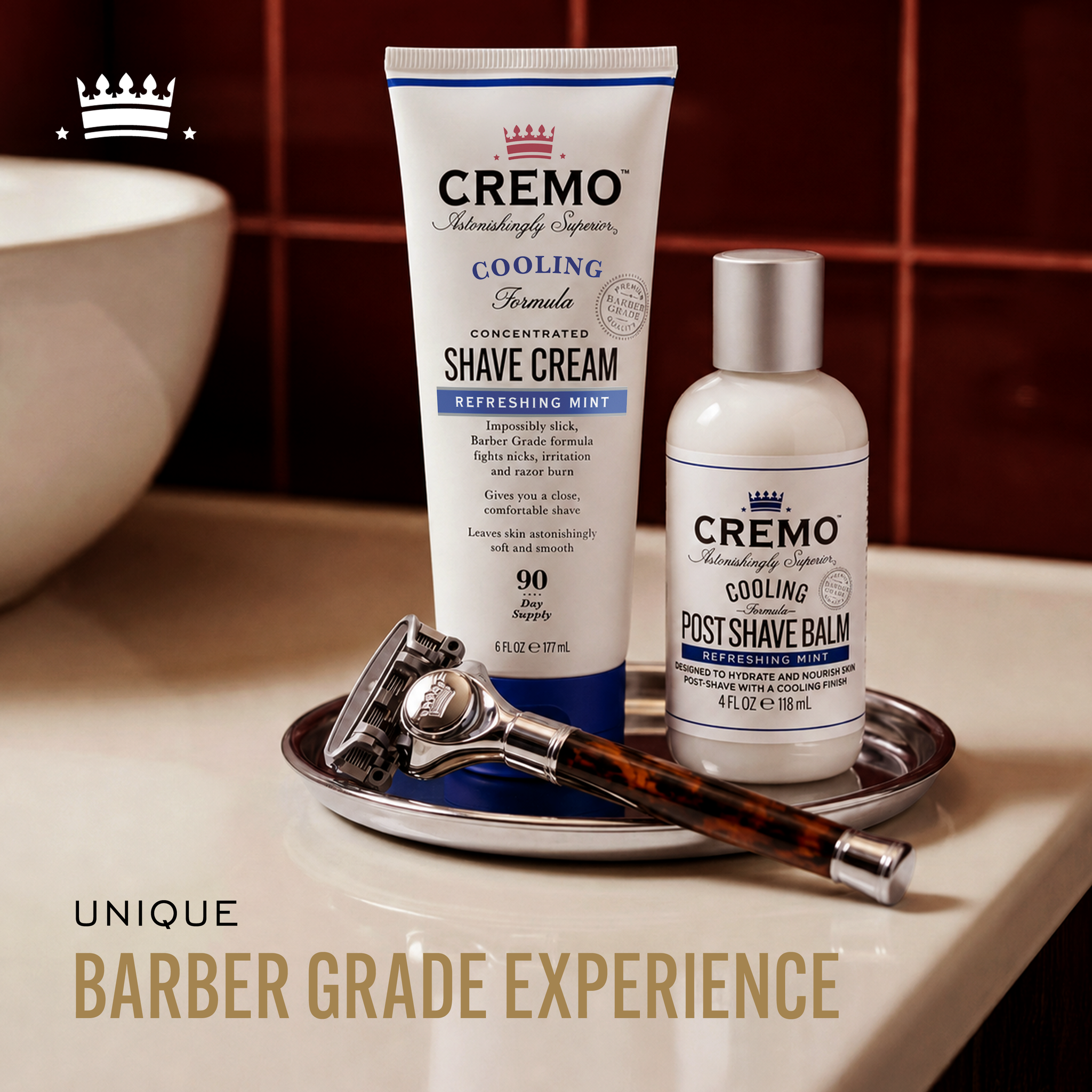Image of Cremo Tortoiseshell Razor, Original Shave Cream, and Cooling Post Shave Balm with text highlighting, "unique barber grade experience".