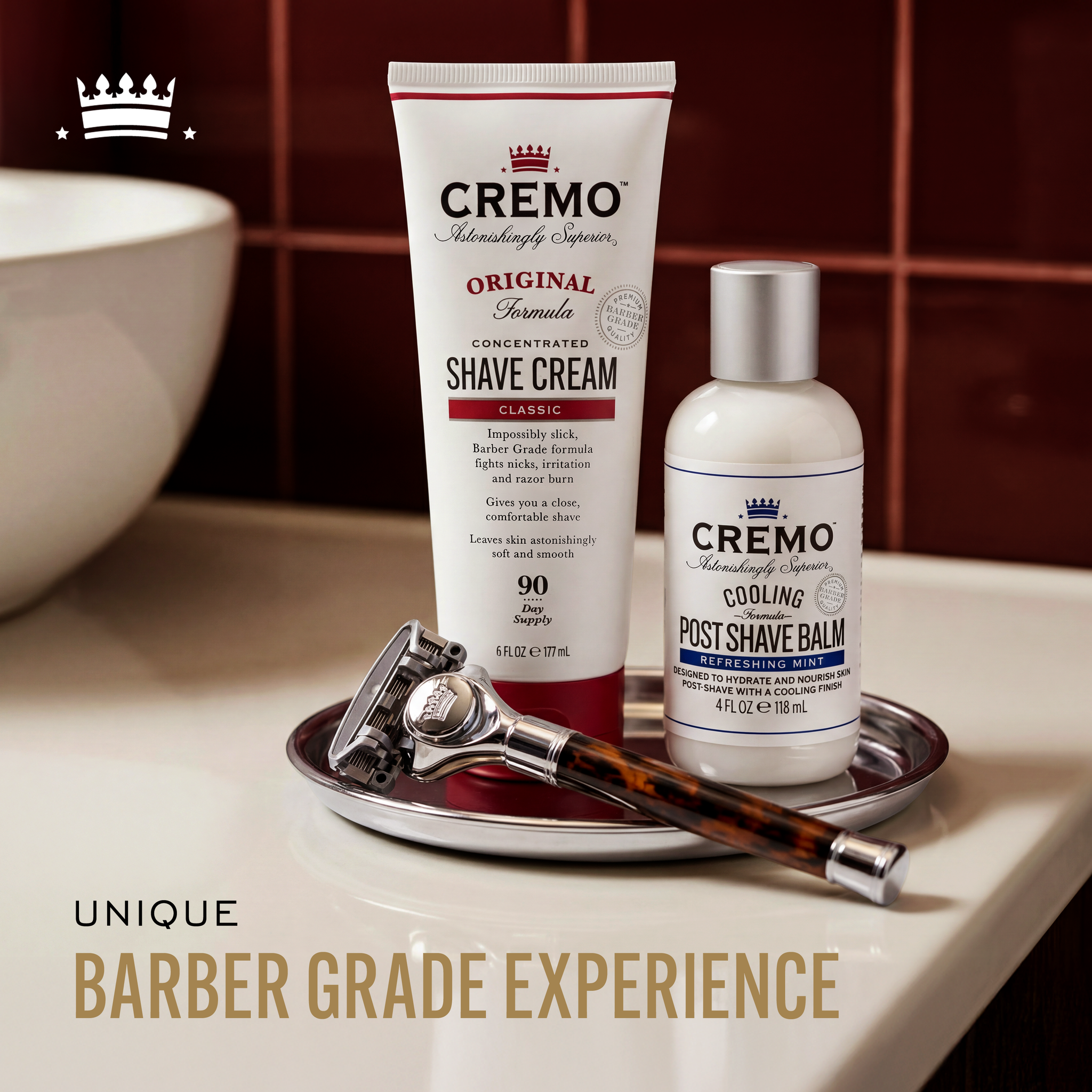 Image of Cremo Tortoiseshell Razor, Original Shave Cream, and Cooling Post Shave Balm with text highlighting, "unique barber grade experience".