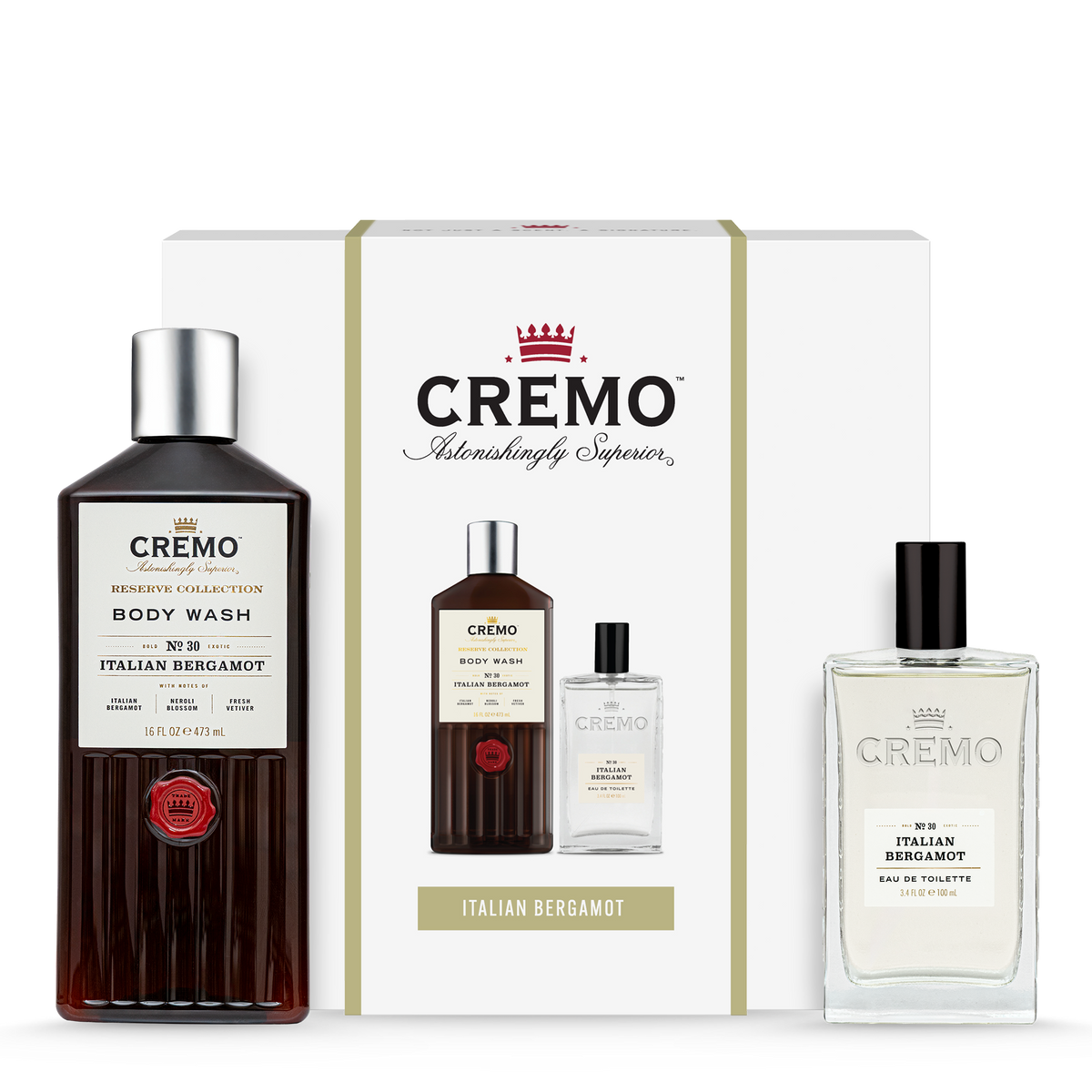 Front view of Cremo Italian Bergamot Eau De Toilette and Body Wash Gift Set.