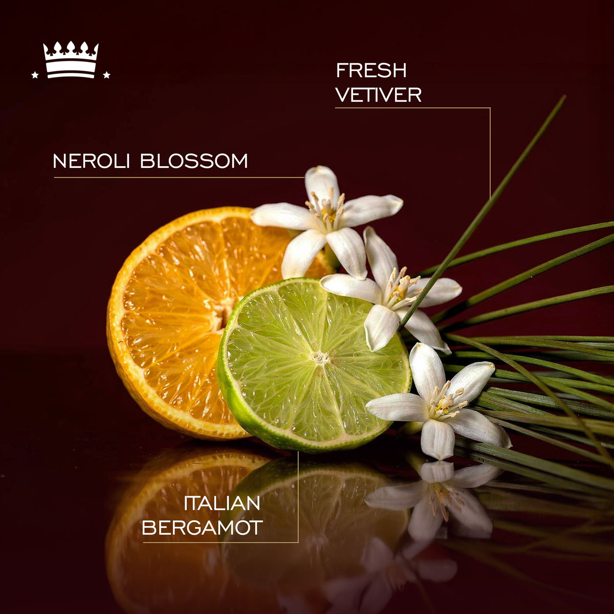 Text highlighting Italian bergamot, neroli blossom, and fresh vetiver fragrance notes.