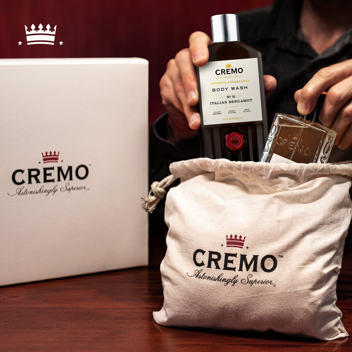 Cremo Italian Bergamot Eau De Toilette and Body Wash Gift Set placed inside a branded Cremo gift set dust bag, with the gift set box displayed behind it.