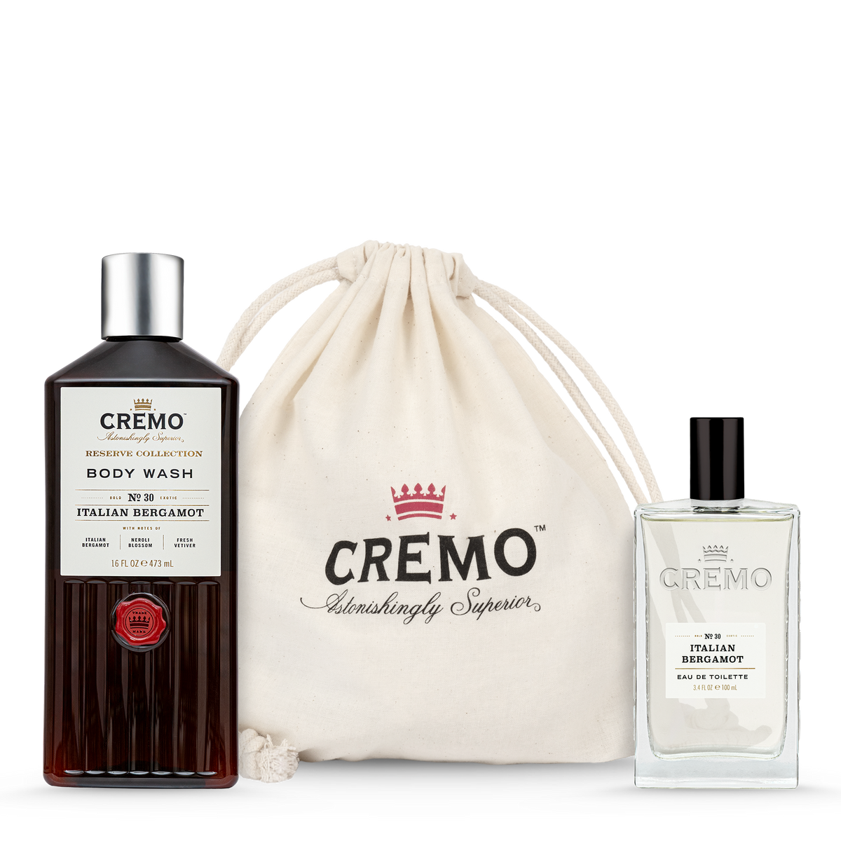 Cremo Italian Bergamot Eau De Toilette and Body Wash Gift Set, with the gift set dust bag displayed behind it.