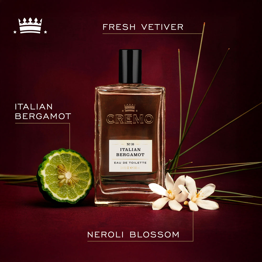 Front view of Cremo Italian Bergamot Eau De Toilette, with text highlighting Italian bergamot, neroli blossom, and fresh vetiver fragrance notes.