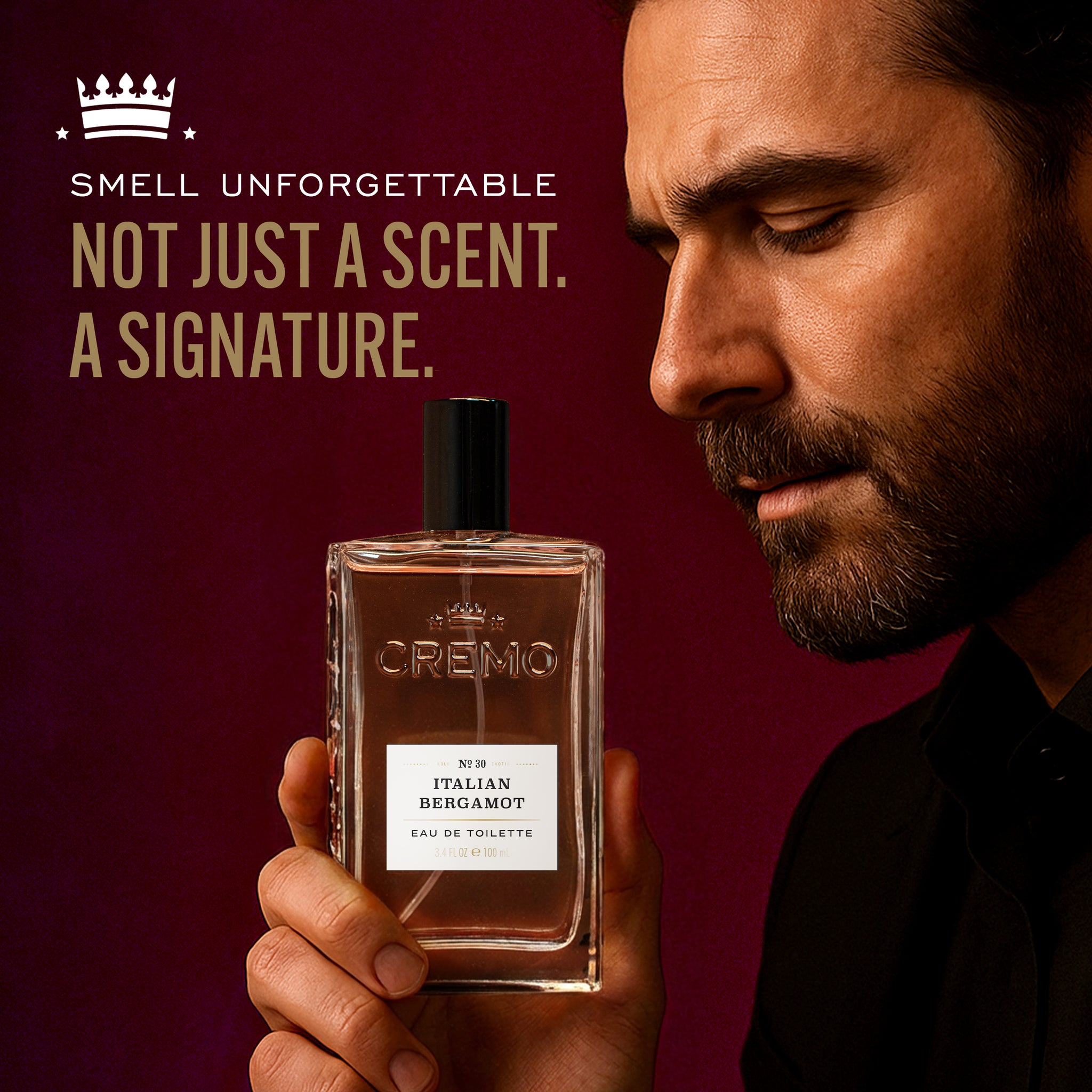 Cremo Italian Bergamot Eau De Toilette with text reading, “Smell unforgettable. Not just a scent. A signature.”