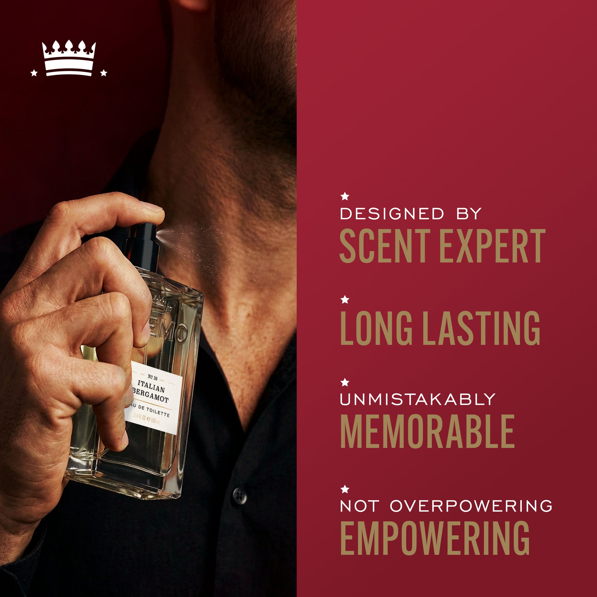 Model spraying Cremo Italian Bergamot Eau De Toilette to their neck, with text highlighting designed by scent expert, long lasting, unmistakably memorable, not overpowering empowering.