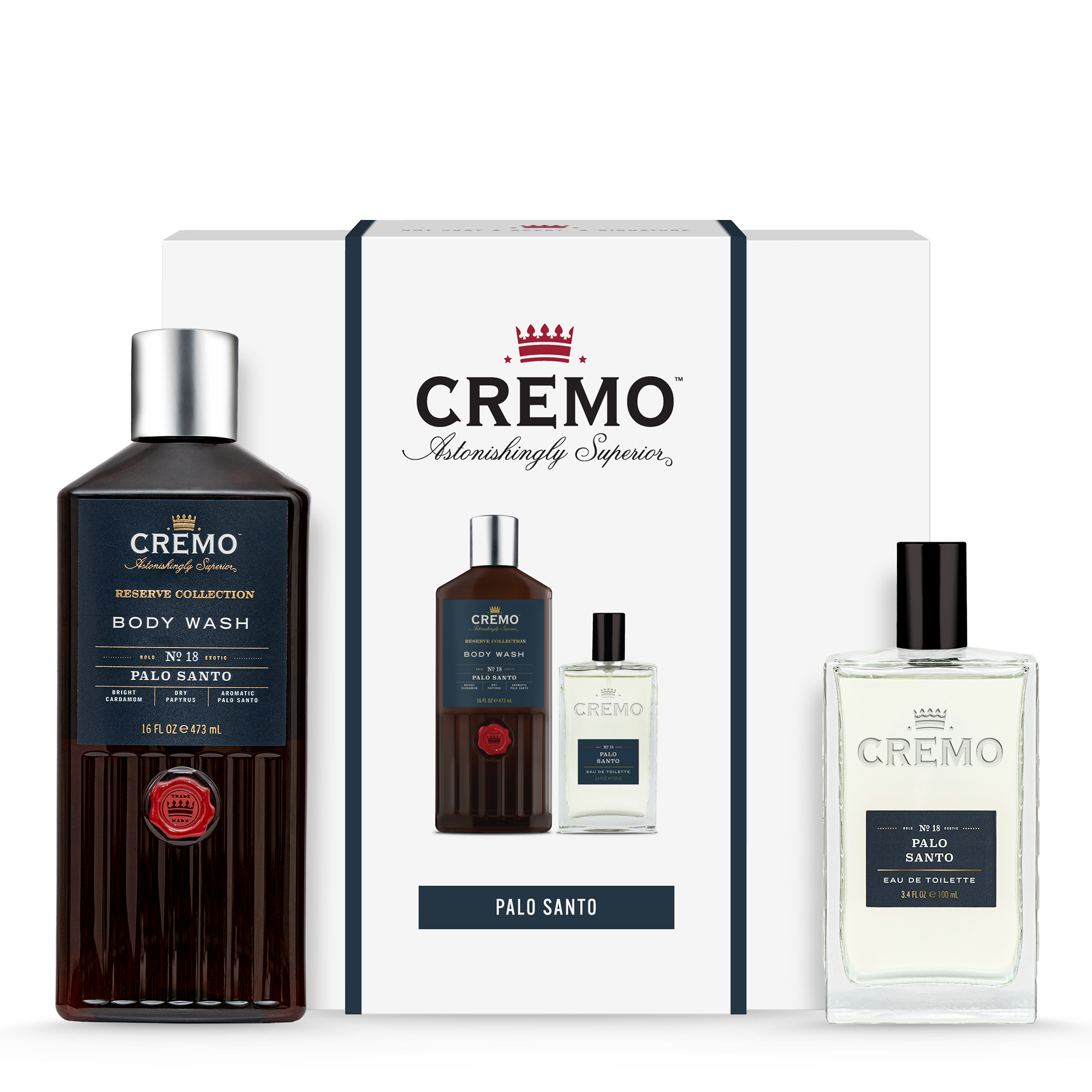 Front view of Cremo Palo Santo Eau De Toilette and Body Wash Gift Set.