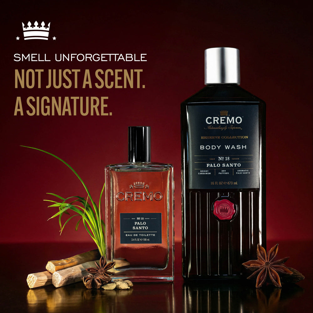 Cremo Palo Santo Eau De Toilette and Body Wash Gift Set with text reading, “Smell unforgettable. Not just a scent. A signature.”