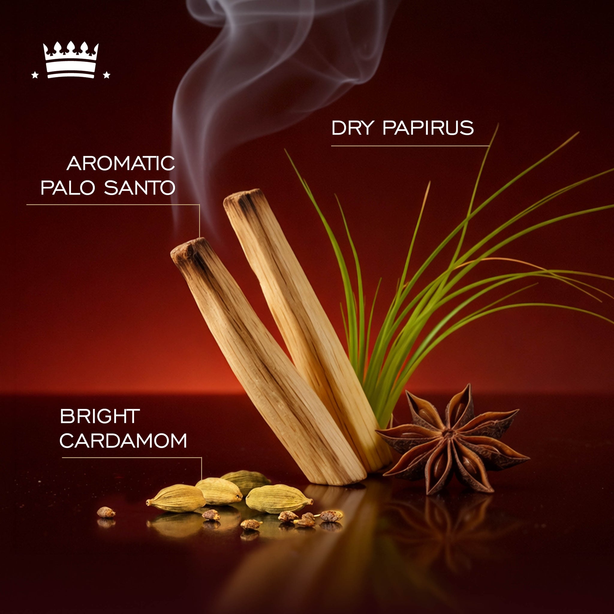Text highlighting dry papirus, aromatic palo santo, and bright cardamom fragrance notes.