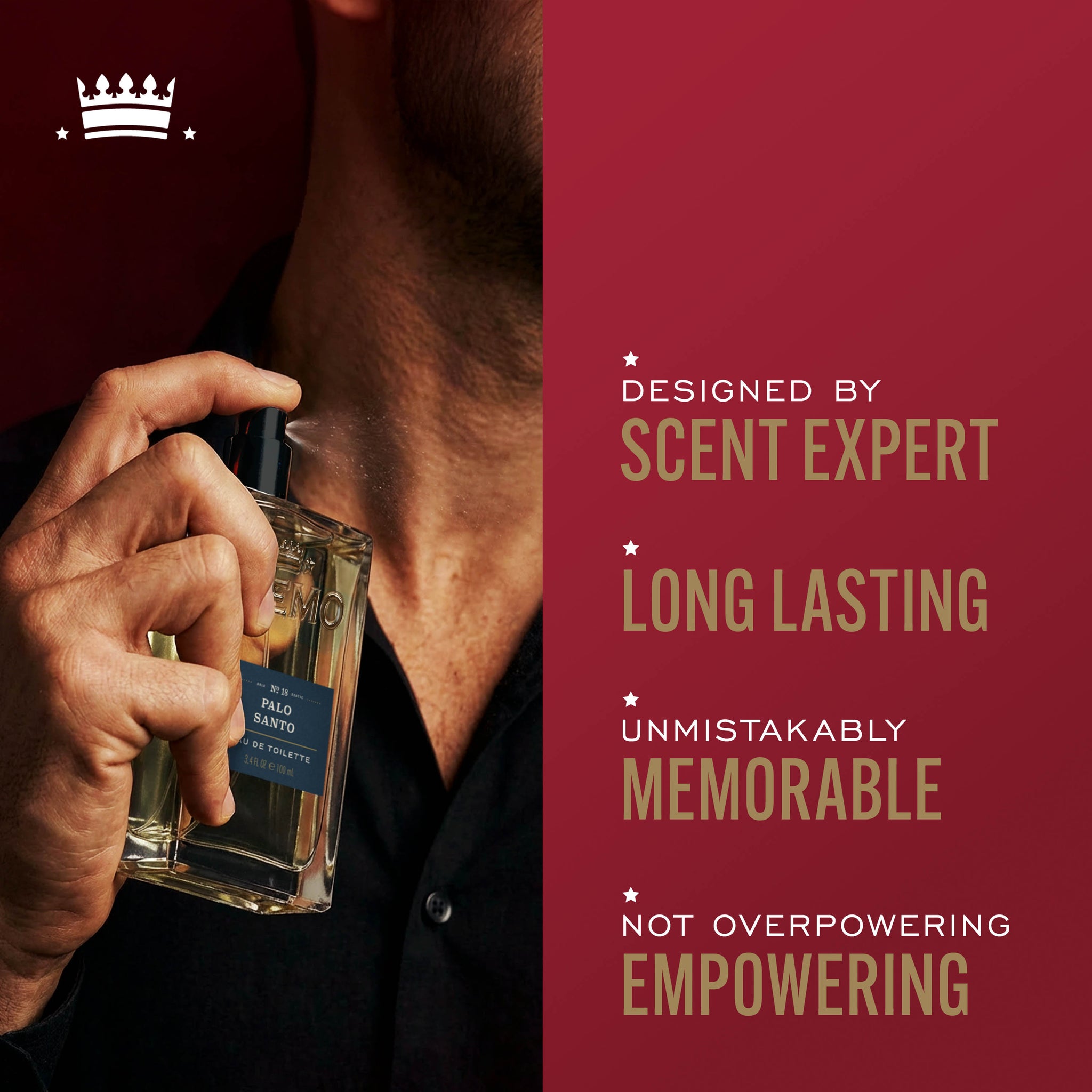 Model spraying Cremo Palo Santo Reserve Collection Eau De Toilette to their neck, with text highlighting designed by scent expert, long lasting, unmistakably memorable, not overpowering empowering.