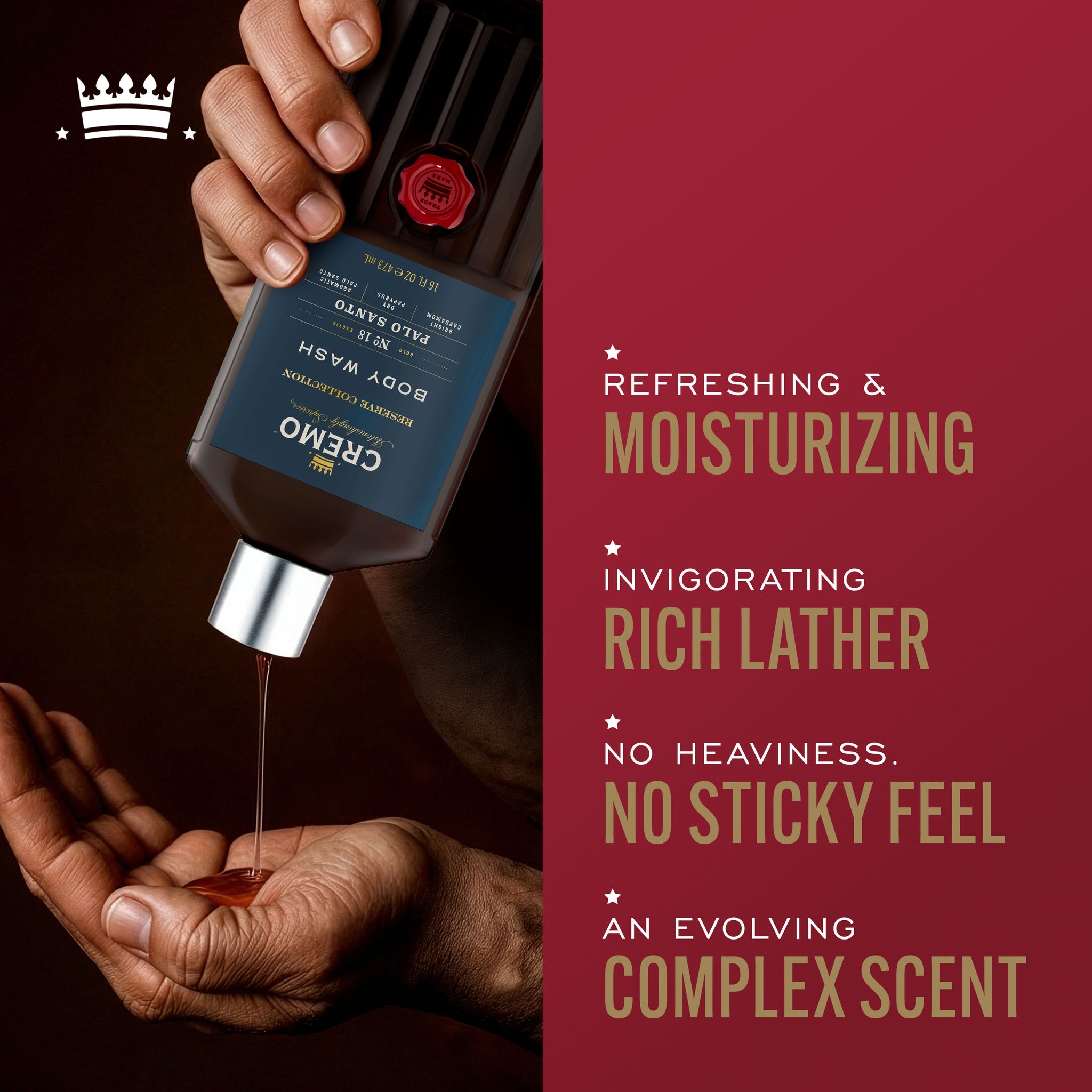 Model pouring Cremo Palo Santo Reserve Collection Body Wash into their hand, with text highlighting refreshing & moisturizing, invigorating rich lather, no heaviness or sticky feel, and an evolving complex scent.